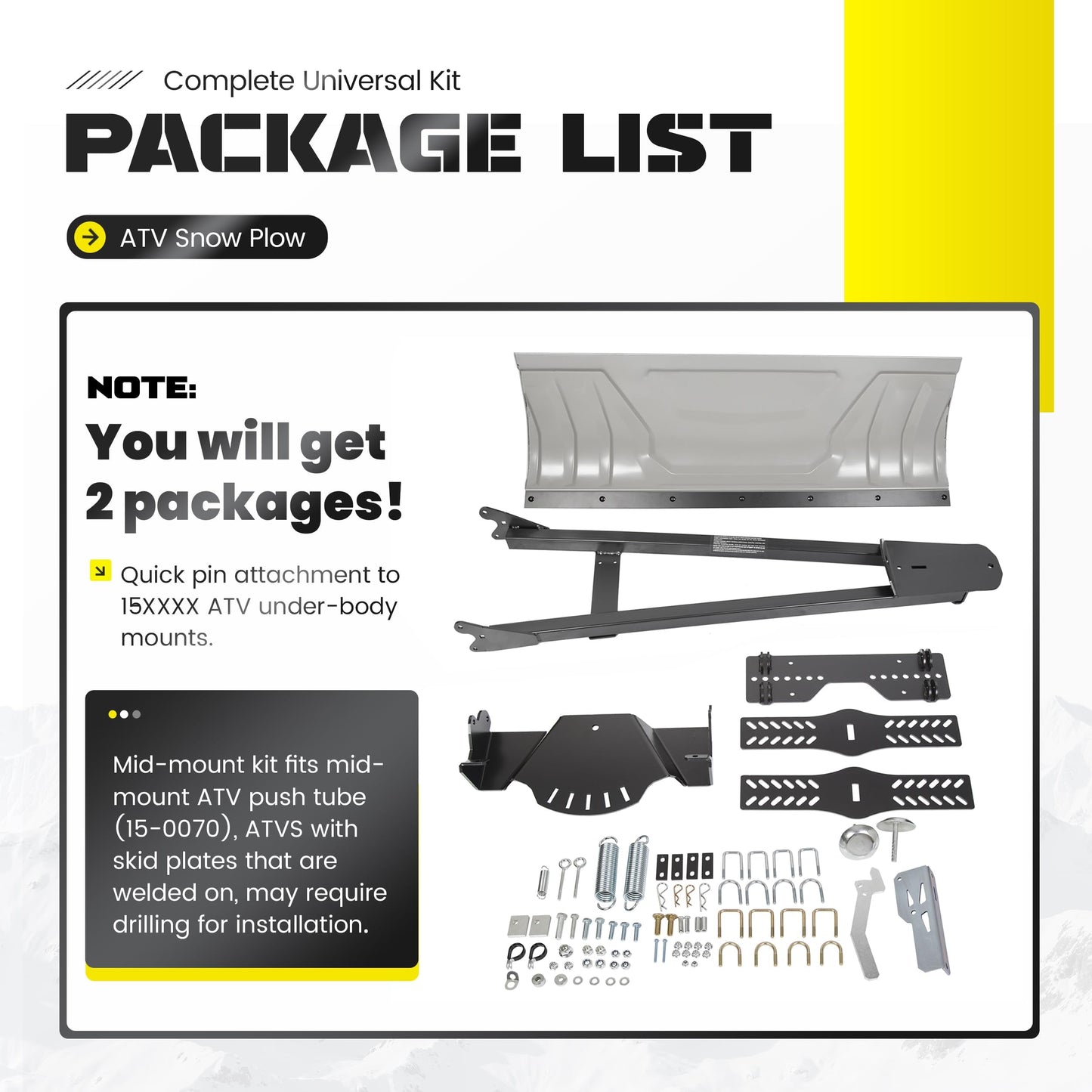ECOTRIC ATV Snow Plow Blade Adjustable 48" Complete Universal Kit Compatible with Honda Kawasaki Polaris (You Will Receive 2 Packages)