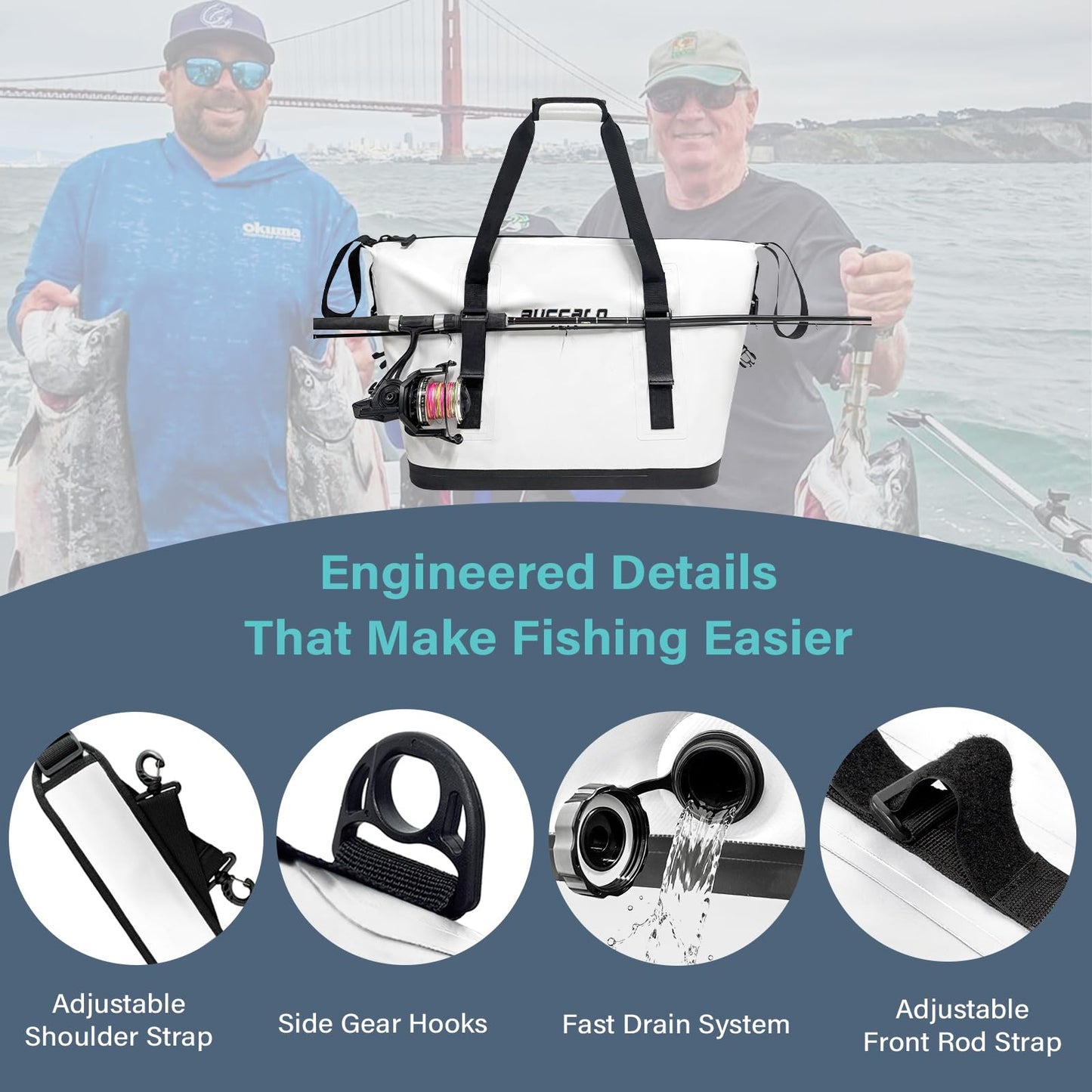 Buffalo Gear Fish Cooler Bag – 24Qt Seamless Insulation Kill Bag, Keeps Ice Cold Up to 36 Hours, Foldable & Waterproof with Rod Attachment Straps & Gear Loops, White