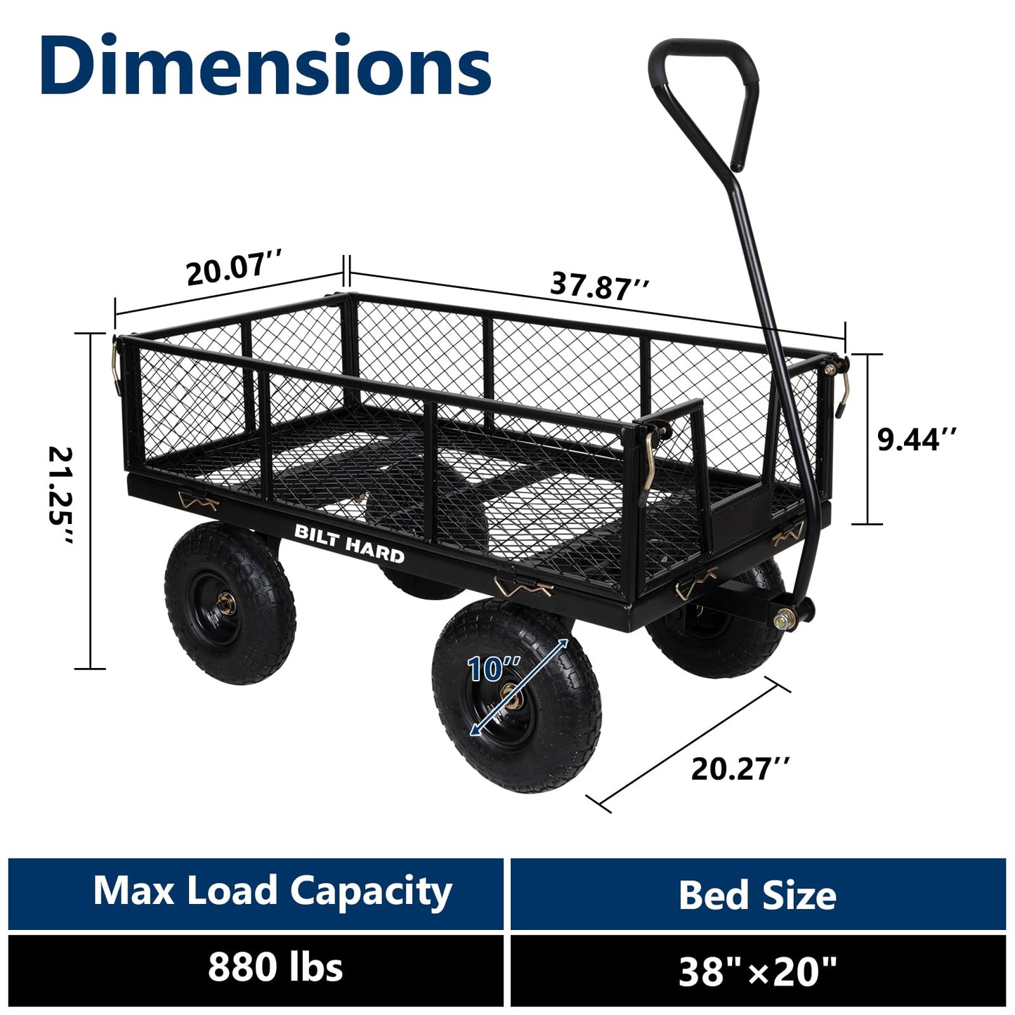 BILT HARD Heavy Duty 880 Lbs Capacity Mesh Steel Garden Cart, 4 Cu.Ft Heavy Duty Garden Cart with 180° Rotating Handle, Removable Sides, All Terrain Wheels, Capacity Utility Steel Wagons for Yard