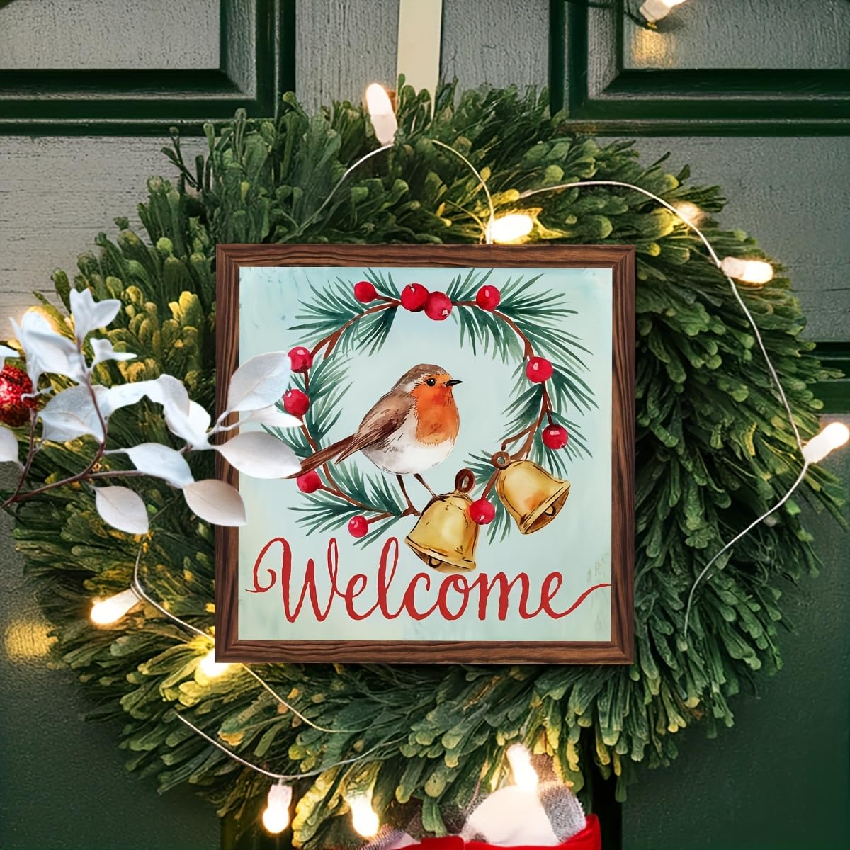 Welcome Sign Decorative Wooden Framed Sign Christmas Decor Sign Winter Robin and Berries Wall Art for Christmas, Entryway, Home 8x8 Inch