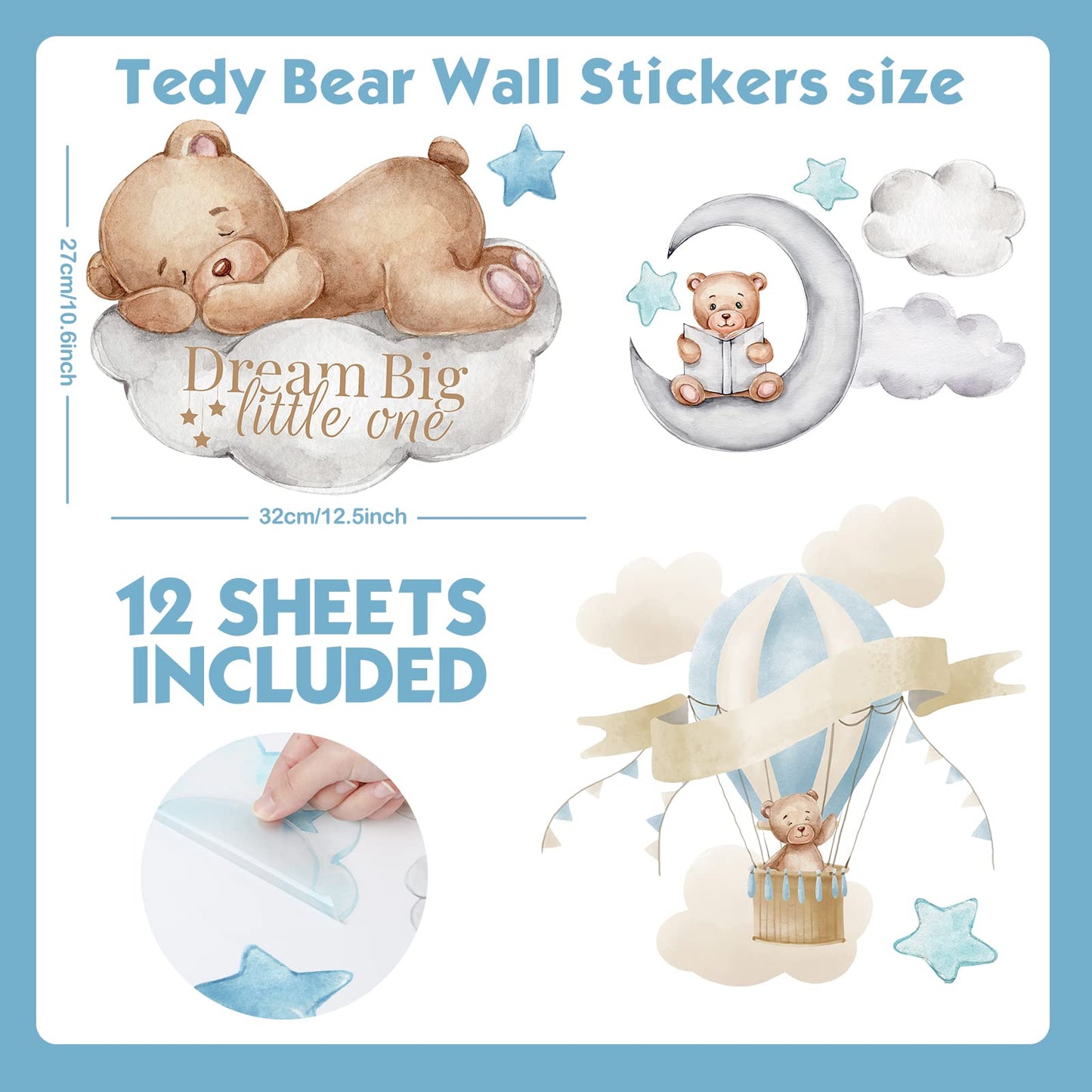 Yinder 12 Sheet 78 Pcs Bear Highland Cow Wall Decals Cute Highland Cow Sticker Nursery Baby Wall Decor for Kids Girls Boys Baby Room Bedroom(Blue Bear)