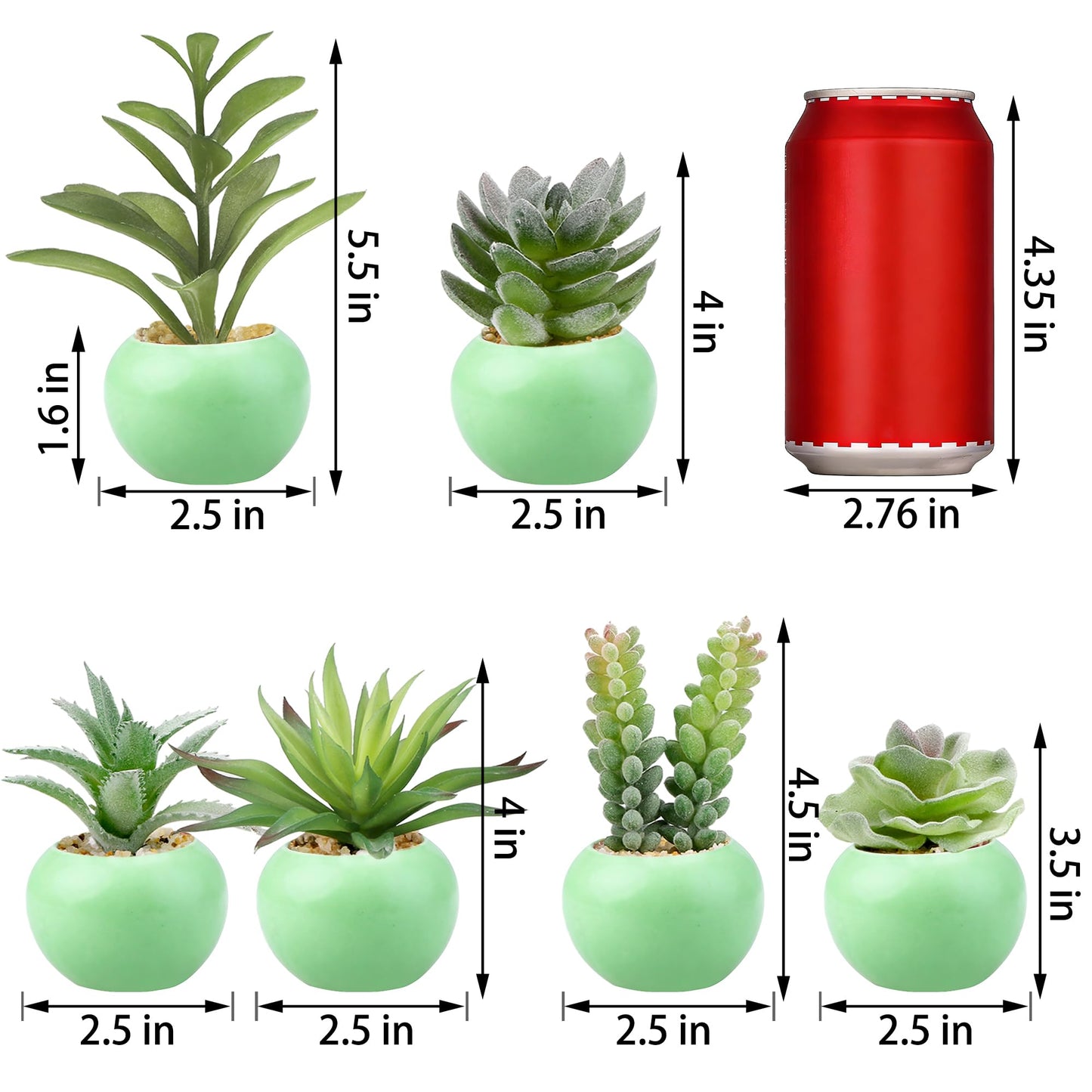 GREENTIME 6 Pcs Artificial Succulent Plants Bulk in Mini Ceramic Pots Small Fake Succulent Plant Faux Indoor Decor Bedroom Desk Bathroom Office Living Room Table Shelf Home Decoration (Green)