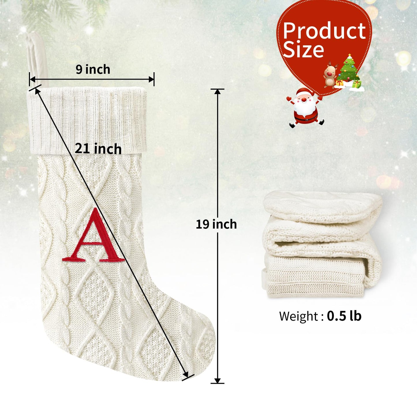 Yoochee 21 Inches Knitted Christmas Stockings with Initials, Large White Custom Monogram Embroidery Christmas Stockings with Letter, Personalized Xmas Decoration for Holiday Family Party-A