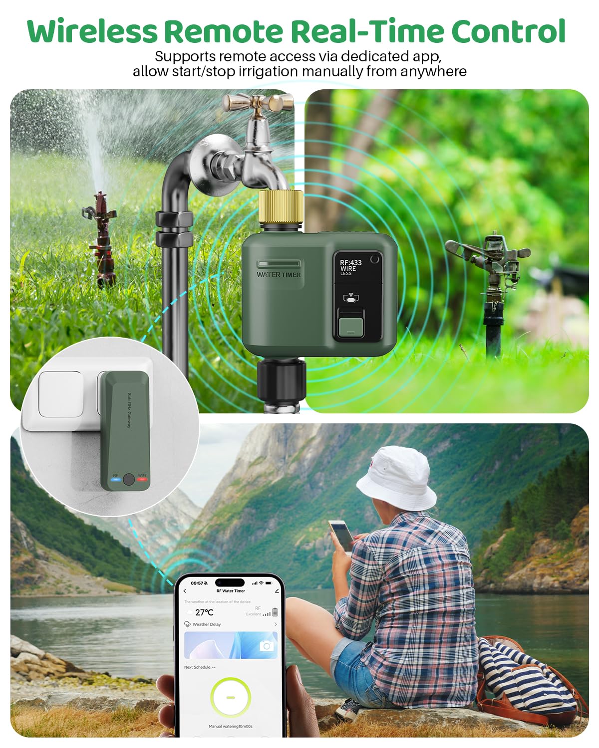 WiFi Water Timer for Garden Hose, Smart Sprinkler Controller with 984ft RF Range, Smart Lawn Watering System Irrigation Timer, APP/Voice Control, Rain Delay, Manual Irrigation (Brass Inlet)