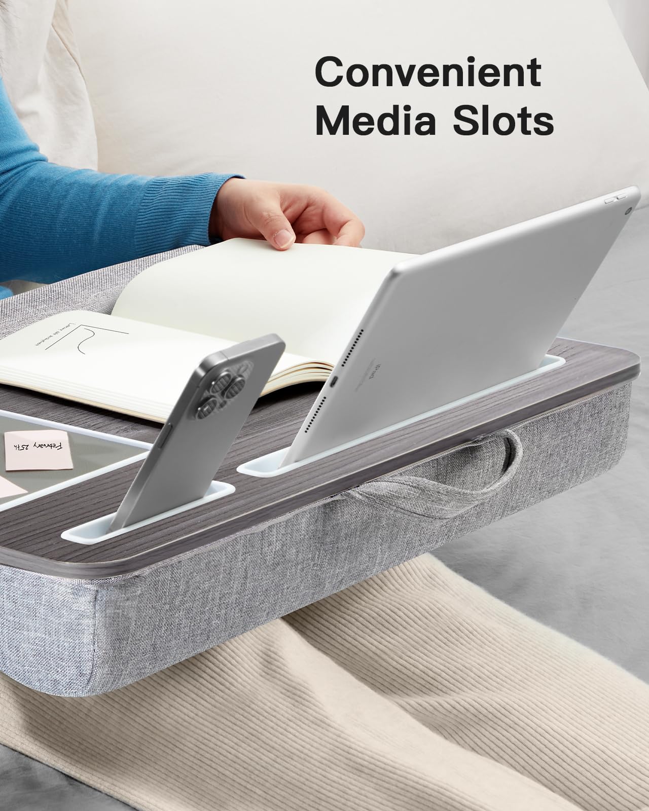 HUANUO Lap Desk - Fits up to 17 inches Laptop Desk, Built in Mouse Pad & Wrist Pad for Notebook, Laptop, Tablet, Lap Stand with Tablet, Pen & Phone Holder, Black Woodgrain