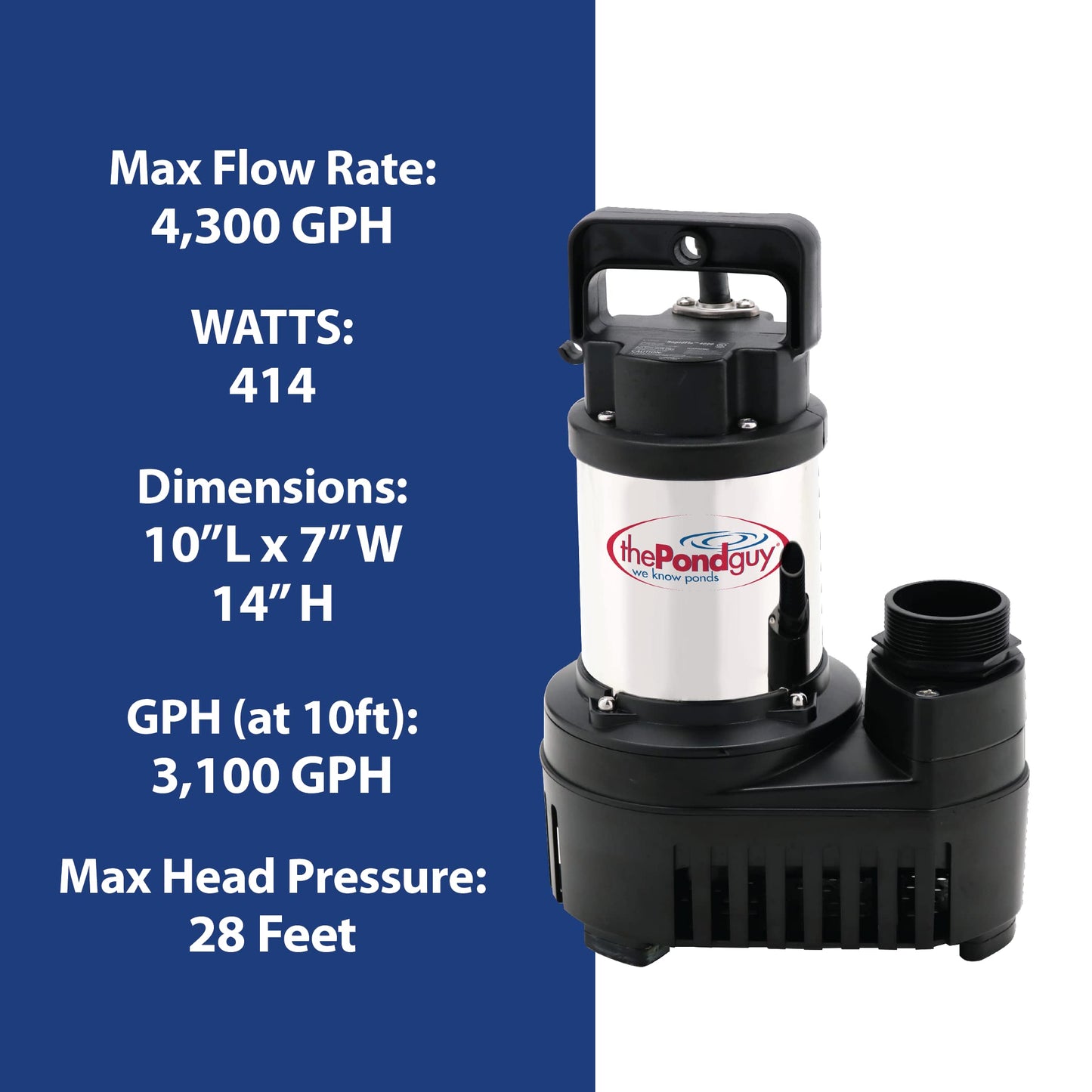 The Pond Guy RapidFlo Submersible Outdoor Water Pump, Perfect for Ponds, Waterfalls, Streams, Hydroponics & Pondless Features, Easy Install, Energy Saving, Quiet, Powerful Flow, Asynchronous, 4000 GPH