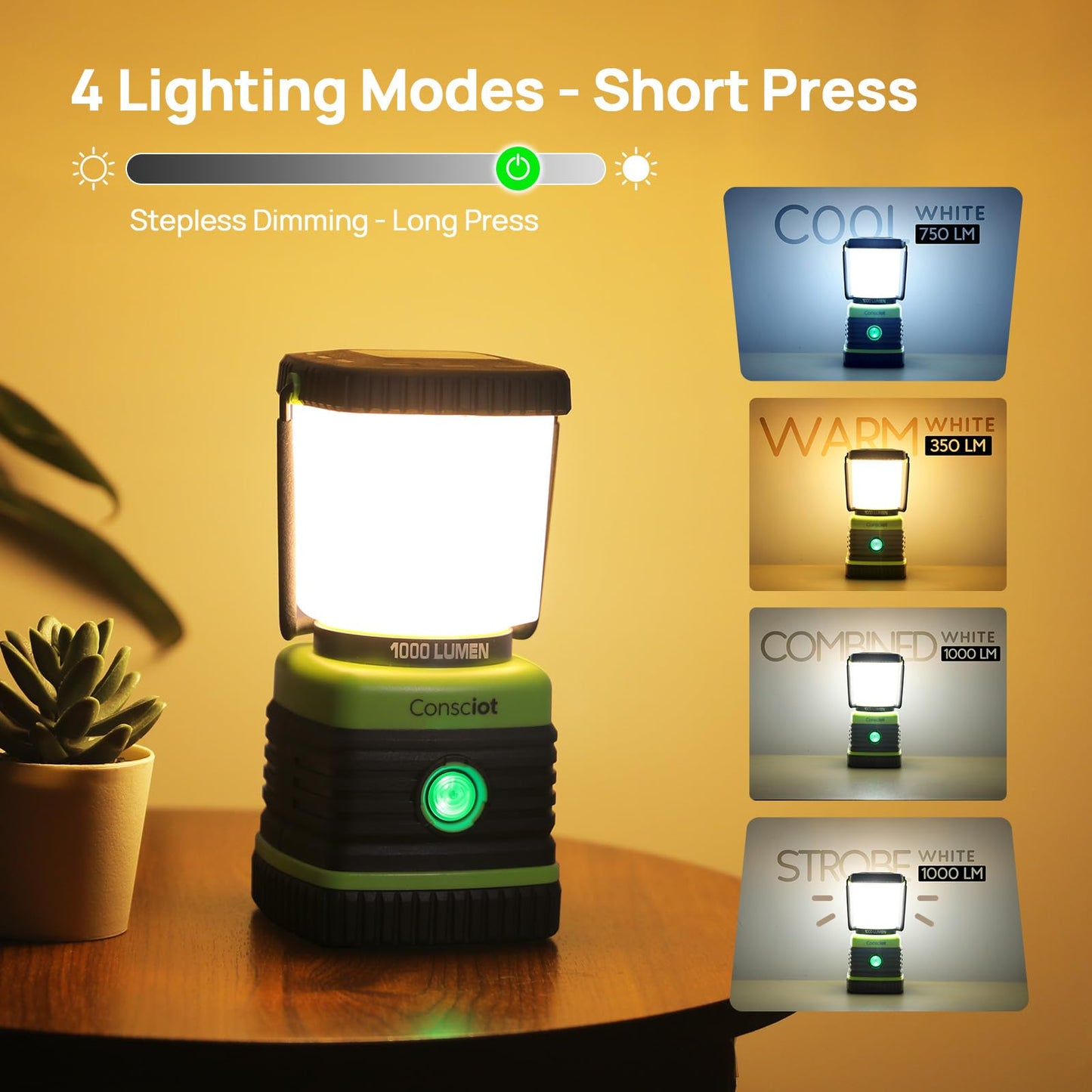 LED Camping Lantern Rechargeable, Consciot Camping Lights, 1000LM, 4 Light Modes, 4400mAh Power Bank, IPX4 Waterproof, Dimmable Tent Lights for Emergency, Power Outages, USB C Cable Included, 2 Pack