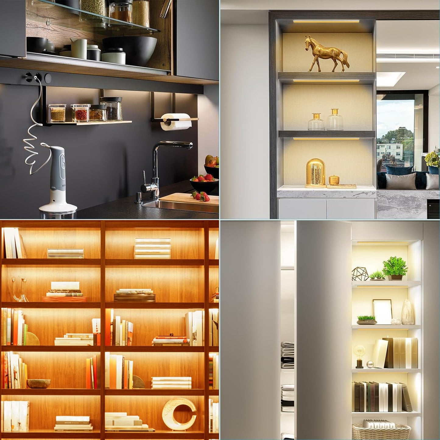 JUSJUBR Black Display Shelf Lighting, 4 Pack x12 Inch Display Lights for Display Case, LED Display Lights with Memory Function, Display Cabinet Lights for Pantry/Shelf/Case, Warm White 3000K