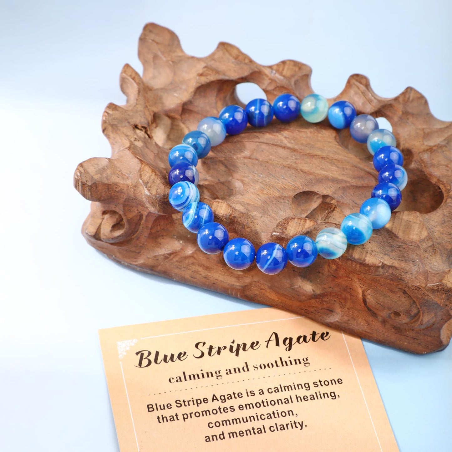 AD Beads 8mm Handmade Blue Stripe Agate Elastic Bracelet Natural Gemstone for Calming and Soothing Meditation, Yoga, Healing and Energy Gift for Men Women