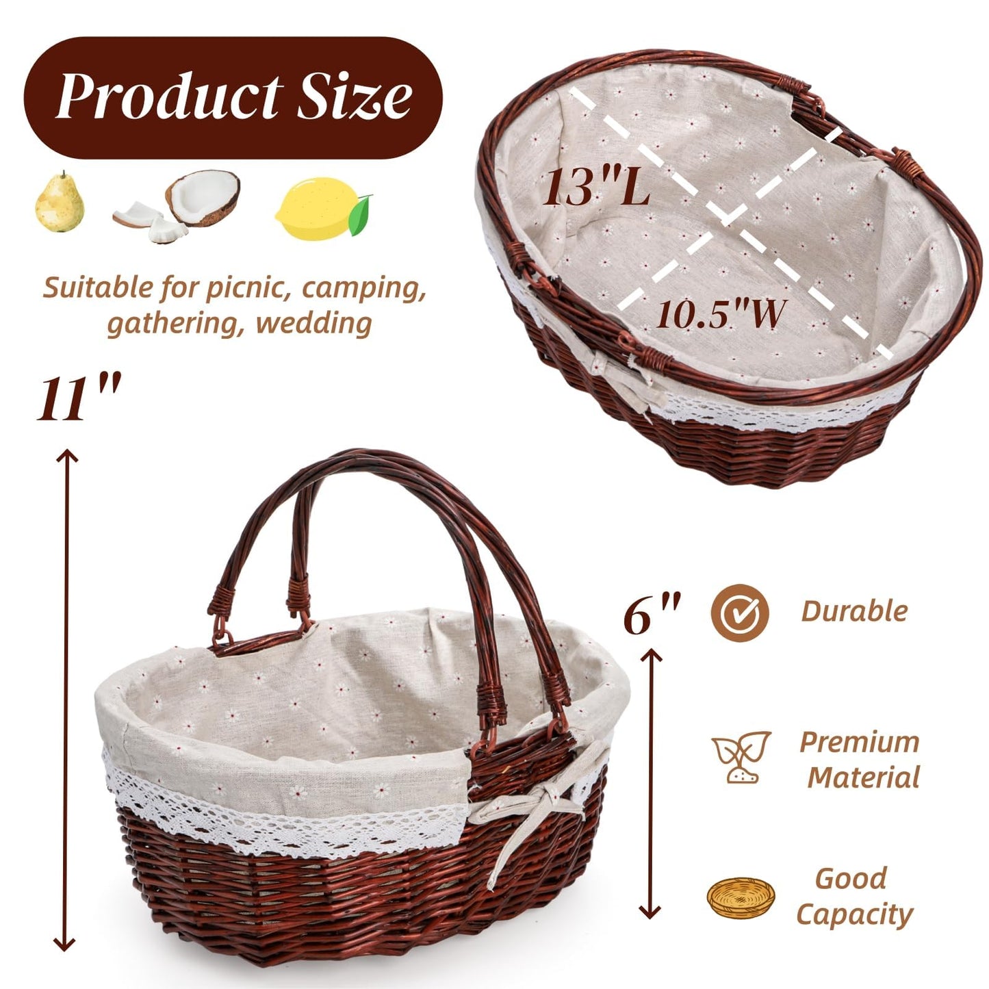 Dicunoy Wicker Picnic Basket with Handle, Large Empty Gift Basket to fill, Open Top Market Harvest Baskets for Garden, Fruit, Candy, Wine, Egg Gathering, Wedding, Vegetables