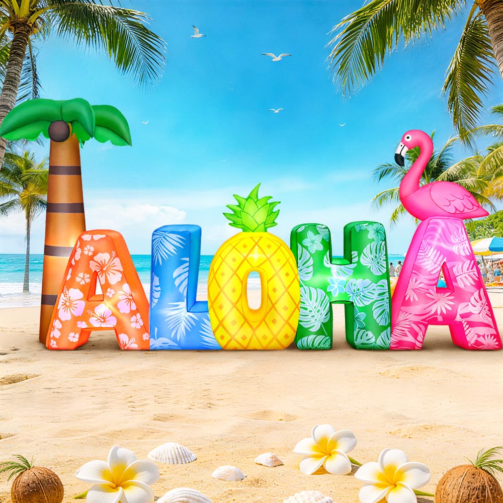 KOOY 8.7FT Long Summer Inflatables Aloha with Flamingo and Pineapple, Built-in LED Blow up Hawaiian Luau Party Decorations, Summer Inflatables Outdoor Decorations for Luau Tiki Bar Beach Pool Patio