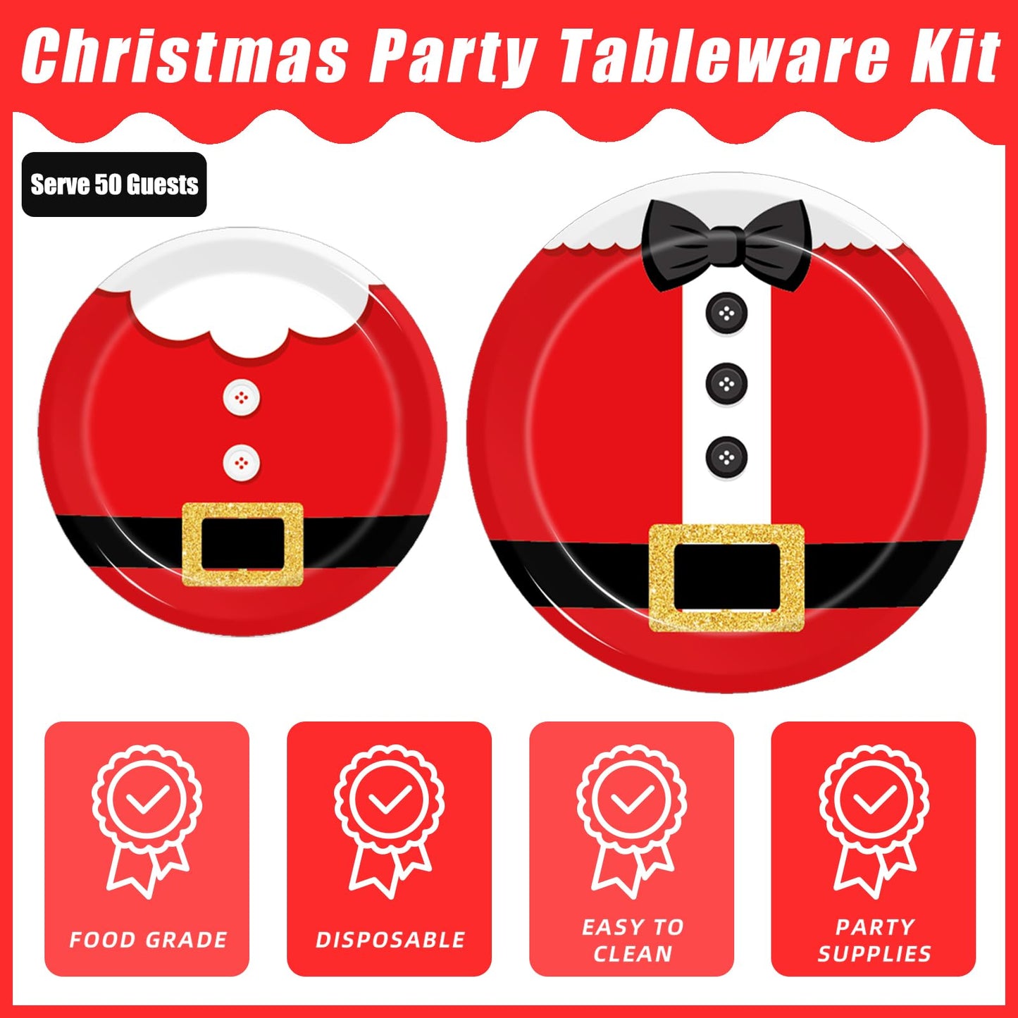 Kepeel 200Pcs Santa Claus Christmas Party Plates and Napkins Sets, Santa Claus Suit Party Supplies Decorations Winter Holiday Xmas Party Dinnerware for Kids Birthday Baby Shower Home Decor, Serves 50