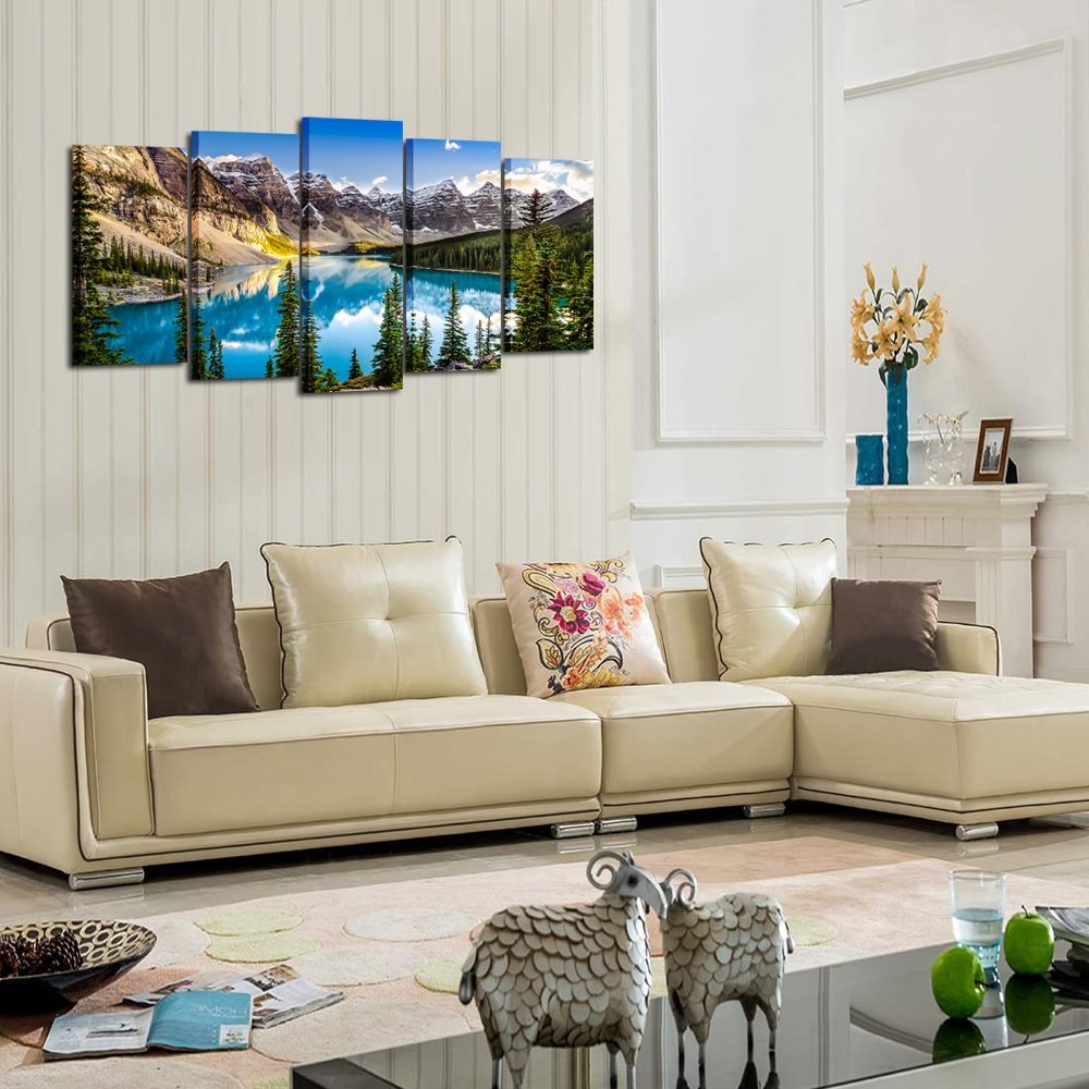 KREATIVE ARTS - 5 Pieces Canvas Prints Wall Art Canada Moraine Lake And Rocky Mountain Landscape Pictures Modern Canvas Painting Giclee Artwork For Home Decoration (Large Size 60x32inch)