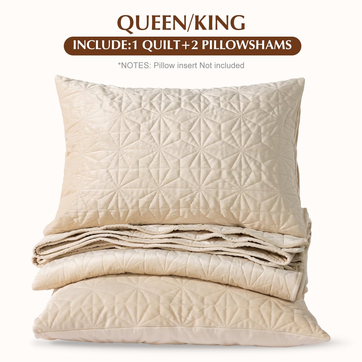 Uqocnh Luxury Velvet Quilt Set Queen Size 3 Piece, Soft Channel Stitch Velvet Comforter Set with 2 Pillow Shams, Lightweight Coverlet Bedspread Bedding Set for All Seasons, Beige