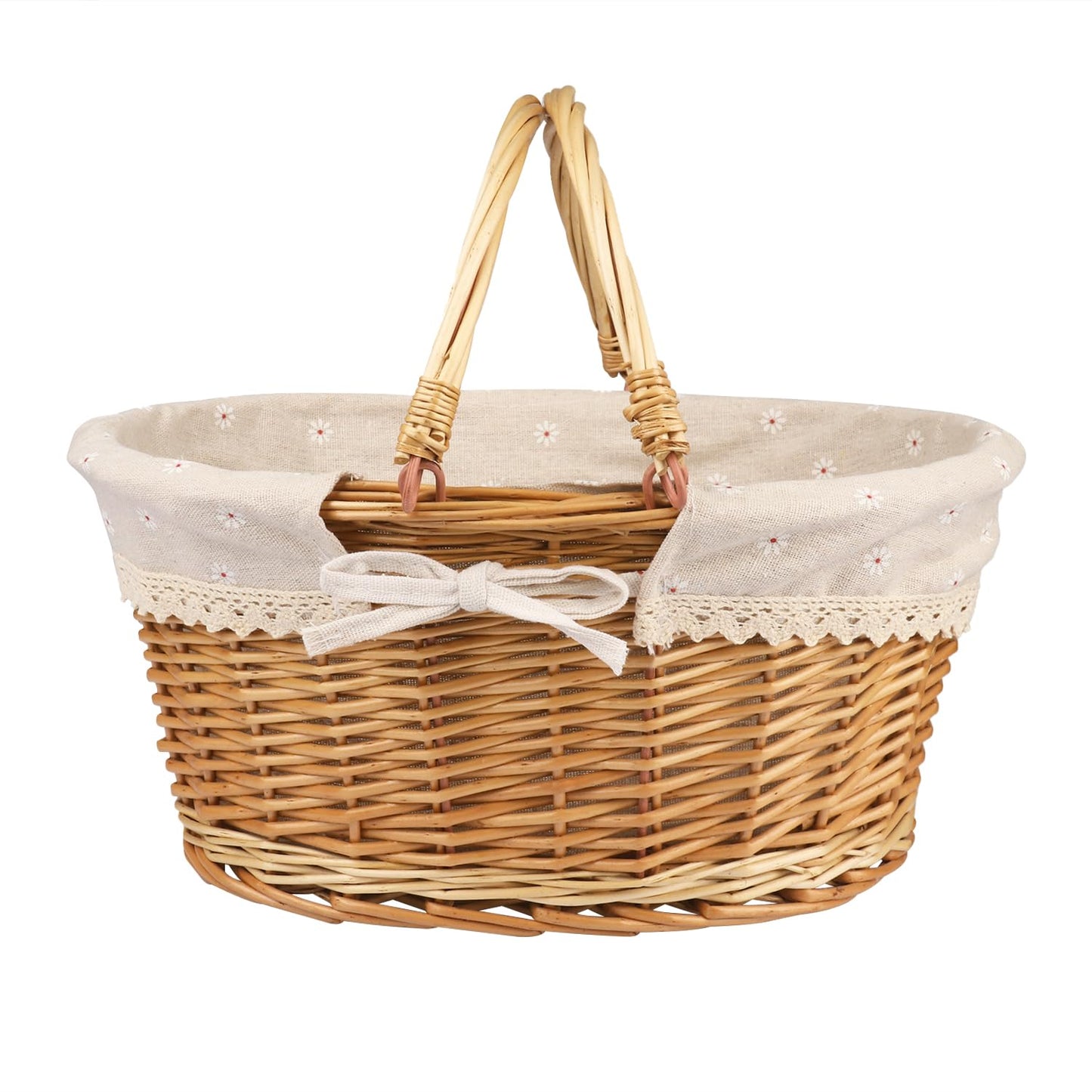 Large Multipurpose Wicker Basket with Handle, 14.2 x 11 x 6.7 in Wicker Picnic Basket with Liner, Empty Gift Basket, Oval Willow Woven Basket for Fruit, Wine, Gathering, Wedding, Picnic, by GNIEMCKIN