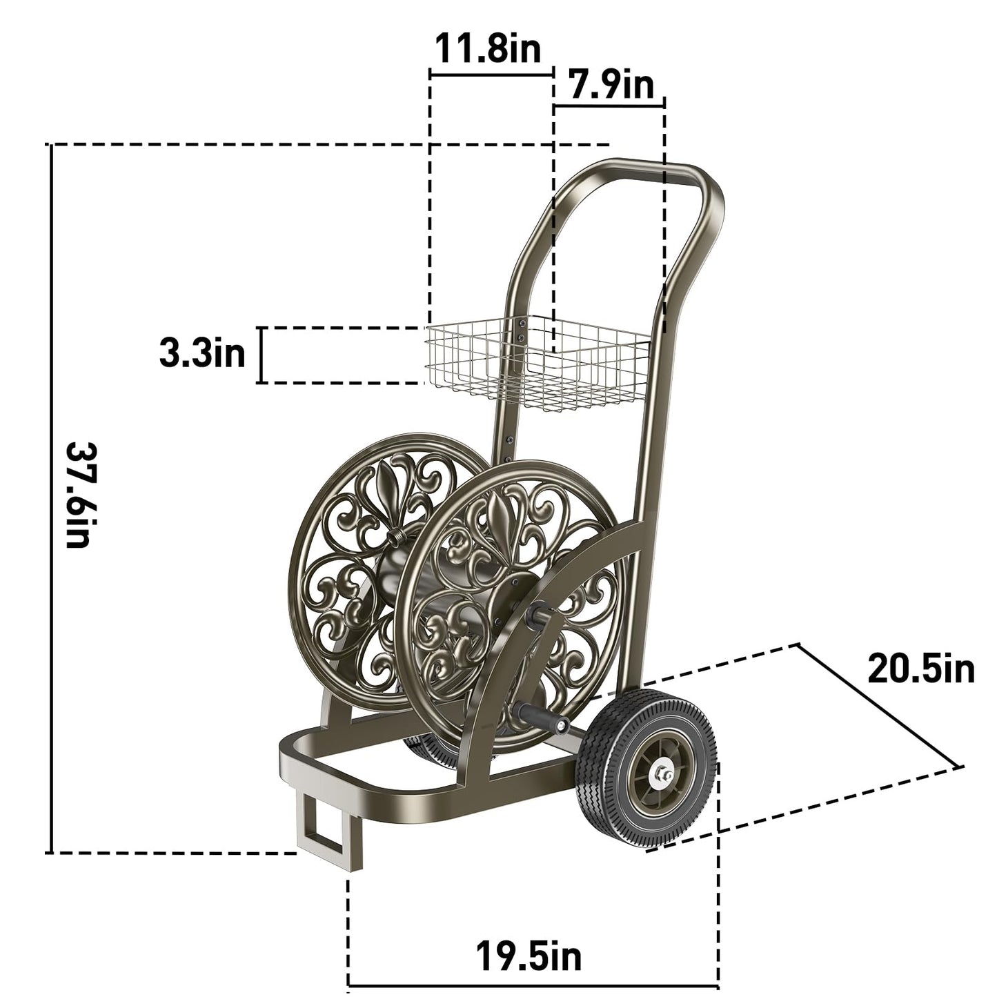 GOFORWILD Garden Hose Reel Cart with Wheel, Hold up to 200 Ft of 5/8" Hose, Heavy Duty Steel Frame Water Hose Reel Cart with Storage Basket, Mobile Hose Reel for Outside Garden Lawn Yard