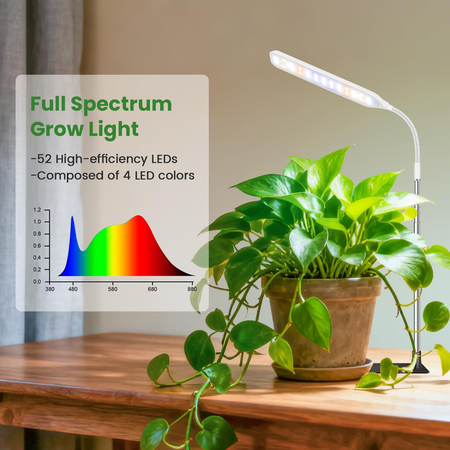 Wolezek Grow Lights for Indoor Plants, 52 LEDs Full Spectrum Plant Grow Light with Base, Height Adjustable Grow Lamp with Auto Timer 6/12/16H, 5 Dimmable Brightness, for Small Plants, White, 2-Pack