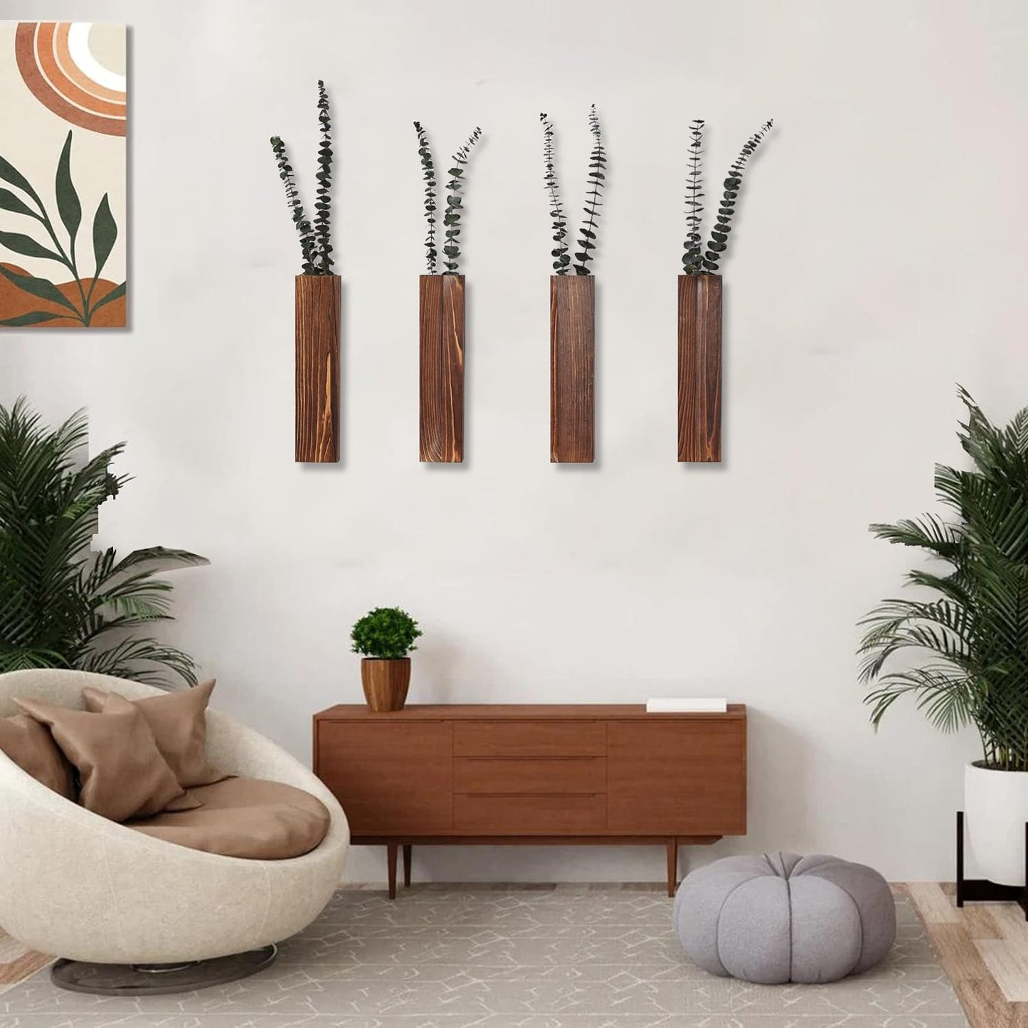 Sawoake Wooden Wall Planter Set of 4 - Modern Home Decor for Living Room, Bedroom, Bathroom - Walnut Finish Planter for Dried Flowers, Faux Greenery, Indoor Plants