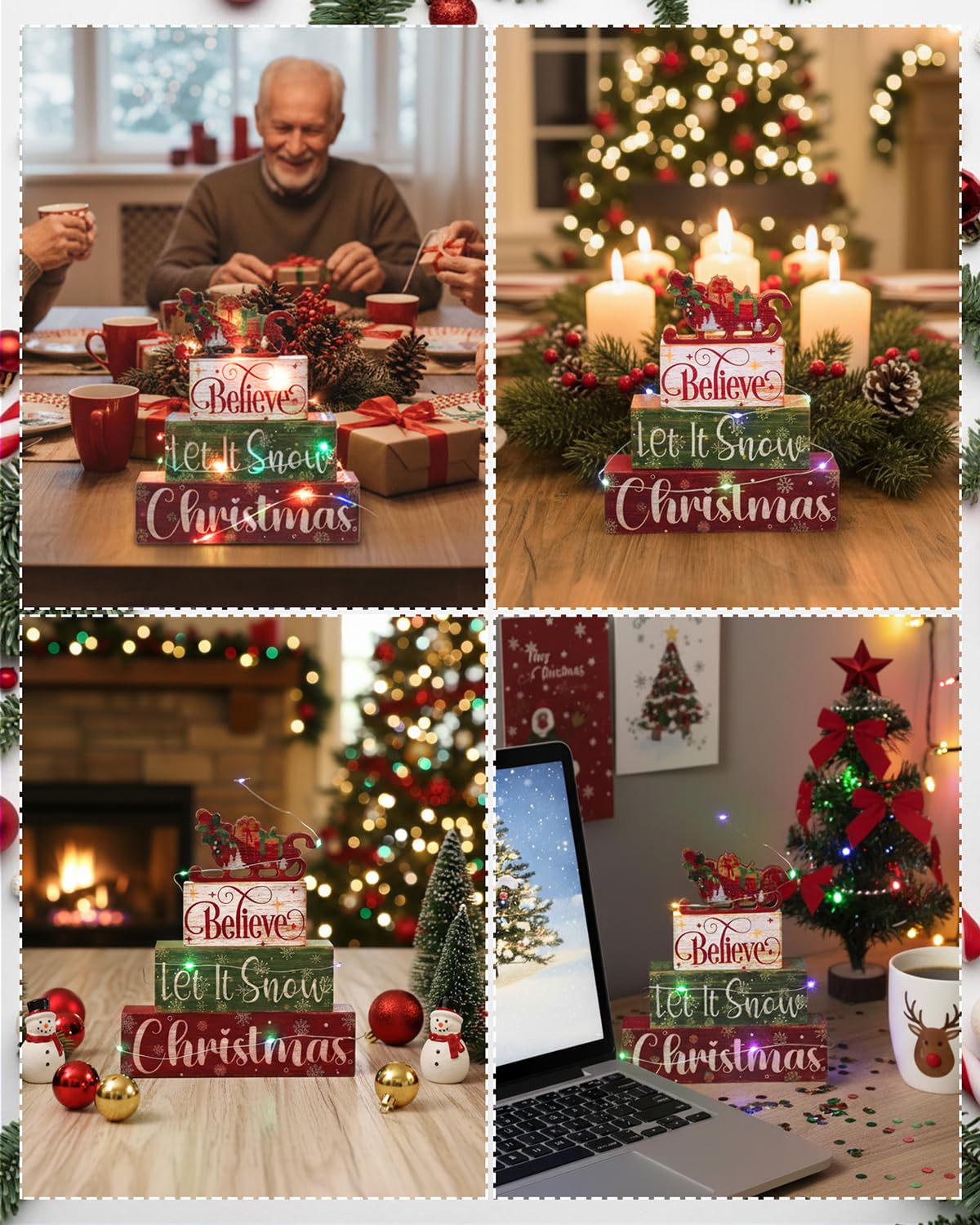 5 Pcs Winter Table Decor Wooden Hot Cocoa Decoration with Lights Centerpiece Winter Tiered Tray Decorative Farmhouse Christmas Decor for Home