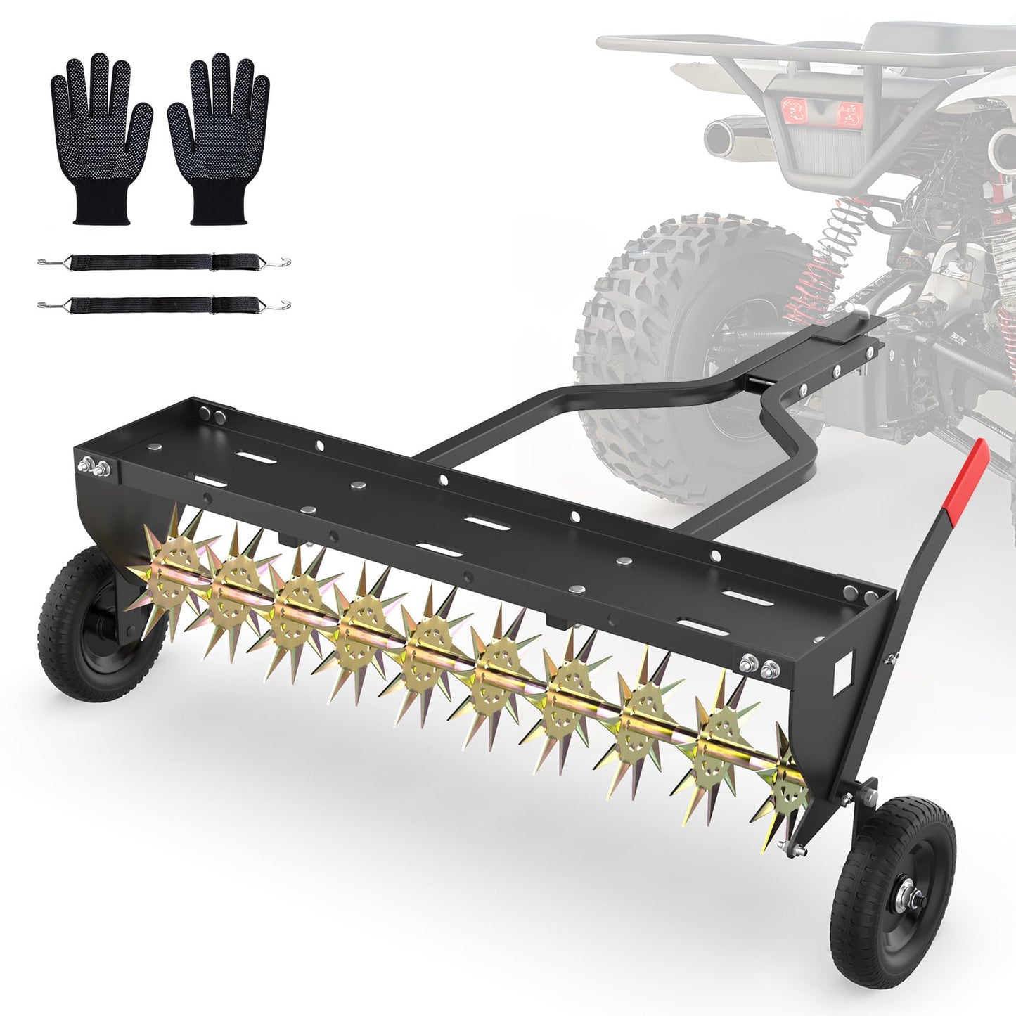 Seeutek 40 Inch Tow Behind Spike Aerator - Heavy Duty Rolling Lawn Aerator with 3D Steel Tines & Weight Tray, Extra-Wide Tow Bar Soil Penetrator Spikes Tractor with Folding Shovel for Lawn Garden Farm