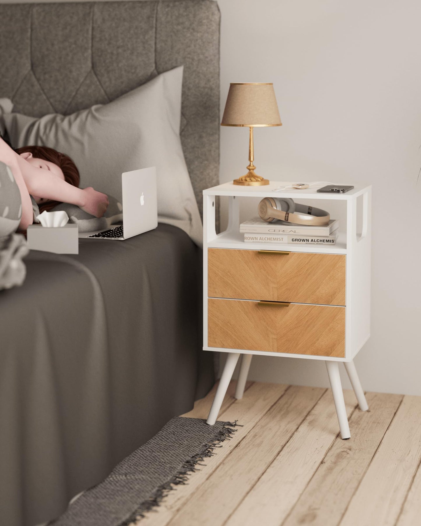 Veegle Solid Wood Nightstand with 2 Storage Drawer and Open Wood Shelf, End Table, Bedside Table with Herringbone Pattern for Rustic Bedroom, Easy Assembly, Rustic Golden Brown and White