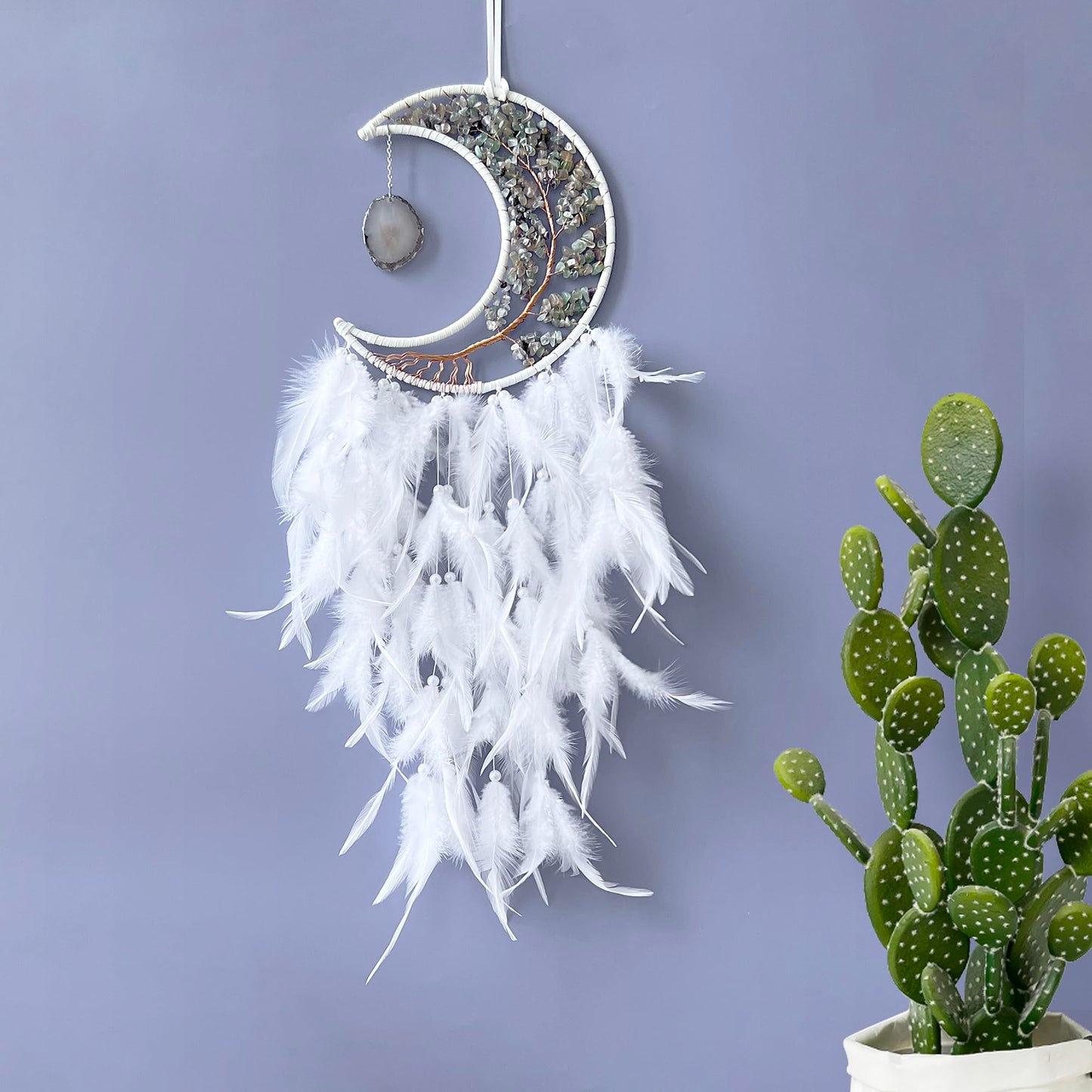 Moon Dream Catchers with Chakra Gemstone Agate Stone, Crystal Tree Life Dream Catchers Wall Hangings Room Decor (White)