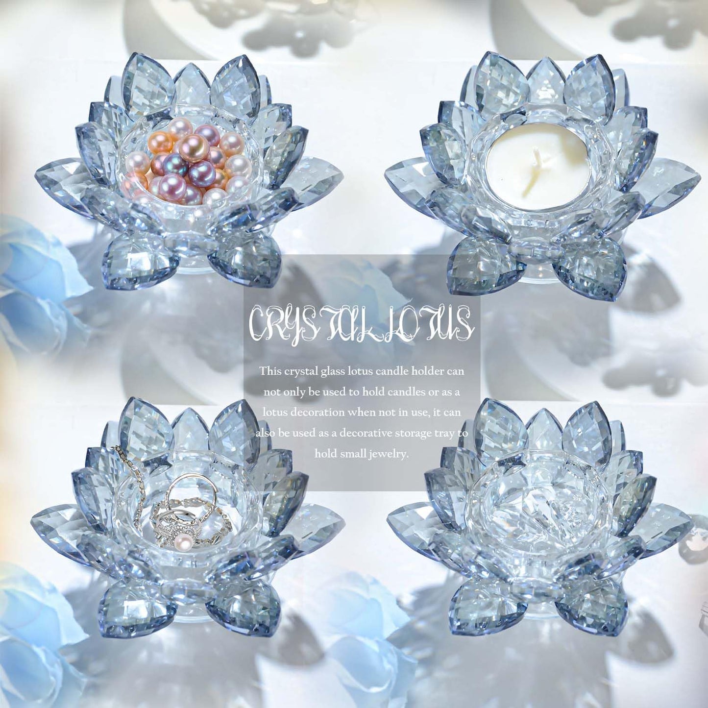 Kolnlala Crystal Lotus Flower Tealight Candle Holders/Glass Tea Light Candlestick Decor Decoration for Christmas Home Wedding Party… (Blue 1pc)