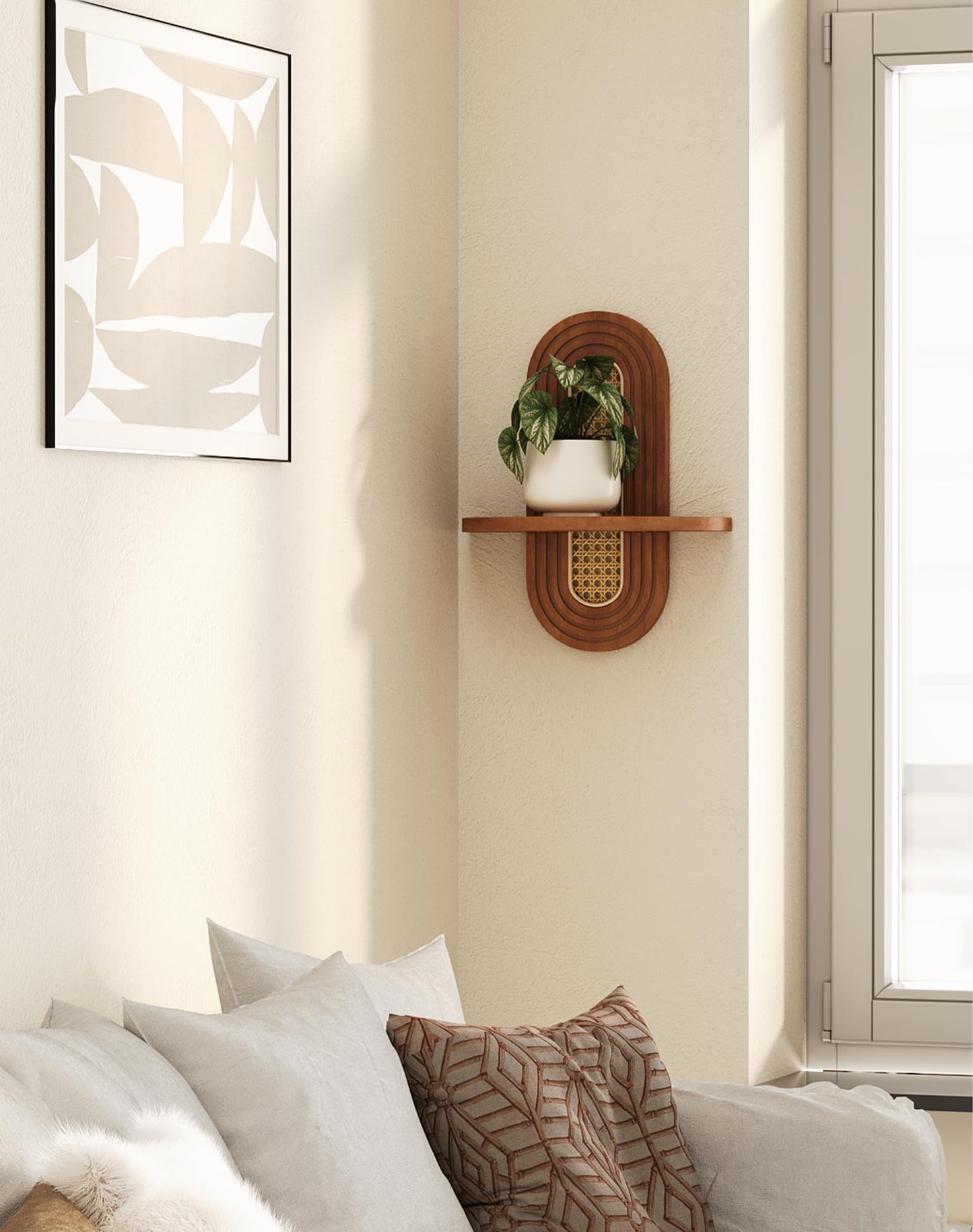 Hongsane Floating Shelves for Wall, Boho Home Wall Decor,Rattan Plant Shelf Set of 2, Mid Century Small Decorative Shelf, Natural Wood Shelves for Living Room,Bedroom,House,Office (Walnut)