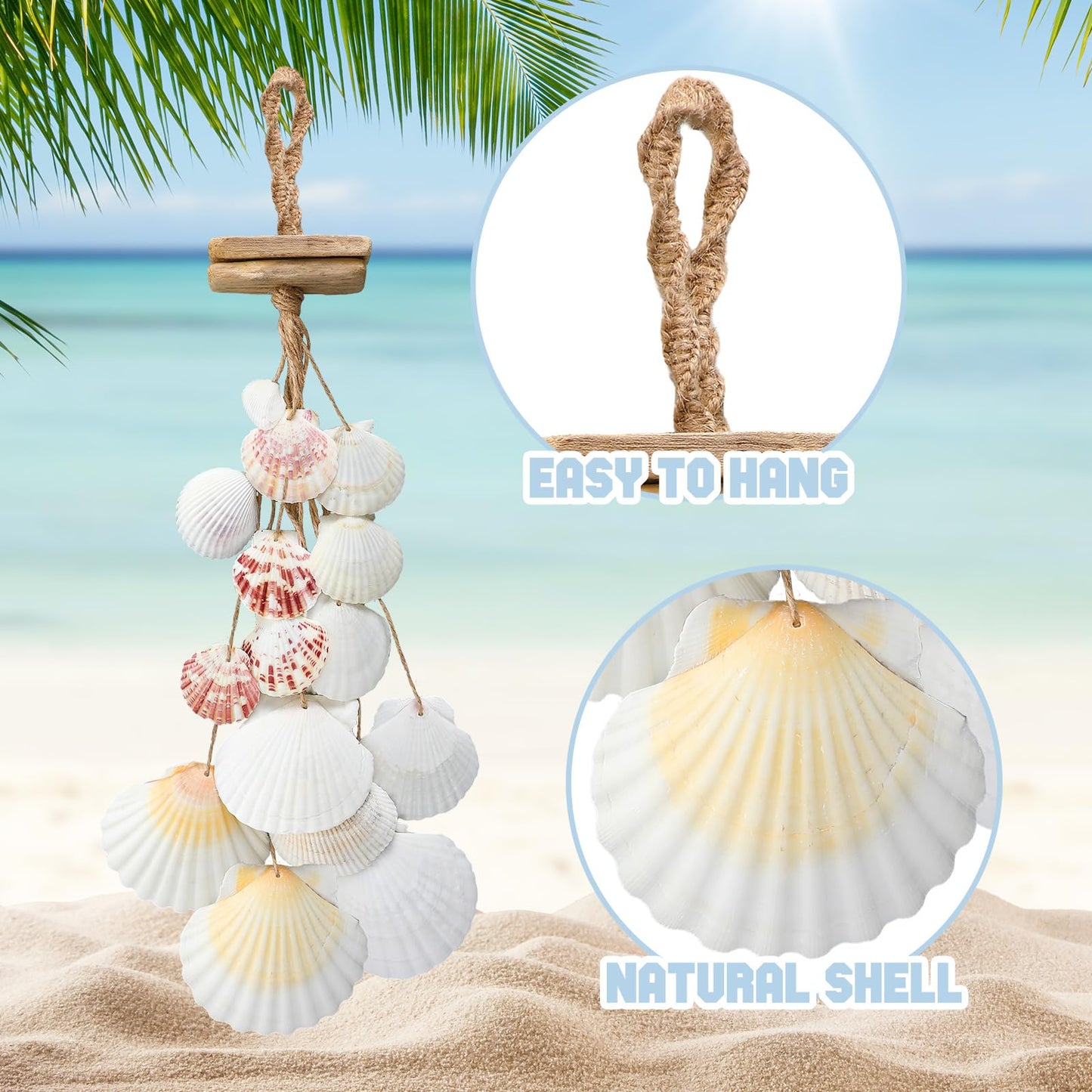 Novabright Wooden Beach Seashell Wall Hanging Decor Driftwood Seashell Wall Decor Scallop Shells Bathroom Decorations for Home Indoor Outdoor Coastal Living Room Bedroom and Dining, 20inches