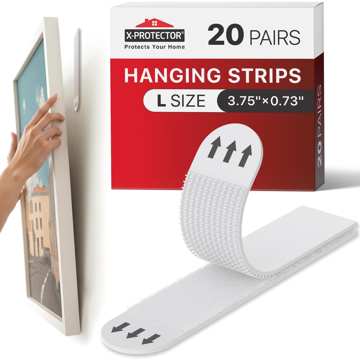 X-Protector Picture Hanging Strips - 20 Pairs Damage Free Picture Hangers - Self Adhesive Hangers Without Nails - Heavy Duty Wall Hanging Strips - Wall Sticky for Hanging Up to 20 LBS (Size L)
