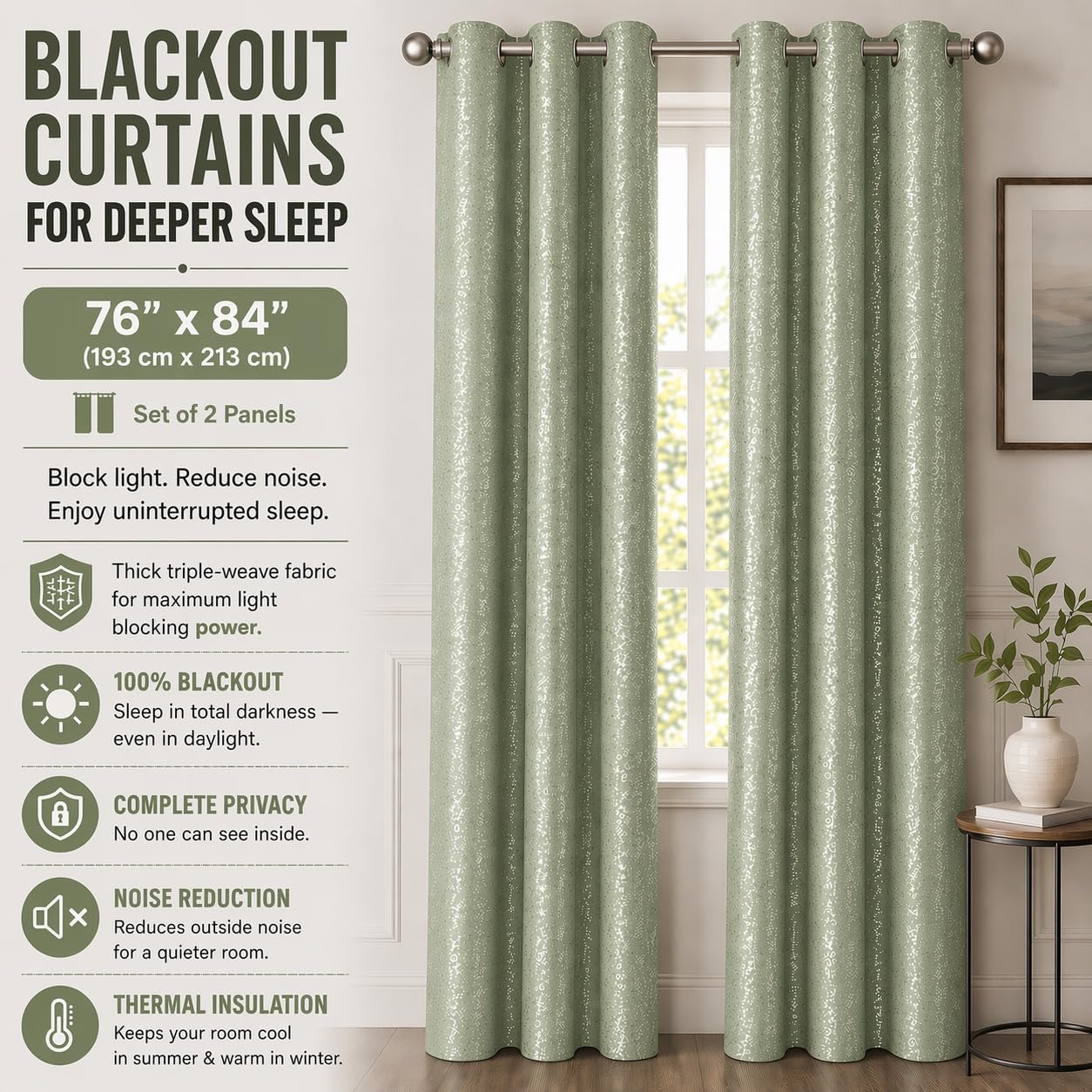 Dainty Home Blackout Curtains 76 x 84 Inch – Thermal Insulated Window Curtains for Bedroom & Living Room, Room Darkening Drapes, Noise Reducing Energy Saving Panels, 2 Panel Set (38” Wide Each)