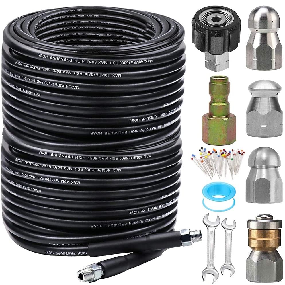 200FT Sewer Jetter Kit for Pressure Washer, 5800PSI Drain Cleaner Hose 1/4 Inch NPT Corner, Rotating and Button Hose Sewer Jetting Nozzle Pearl Corsage Pin Waterproof Tape with 2 Spanner