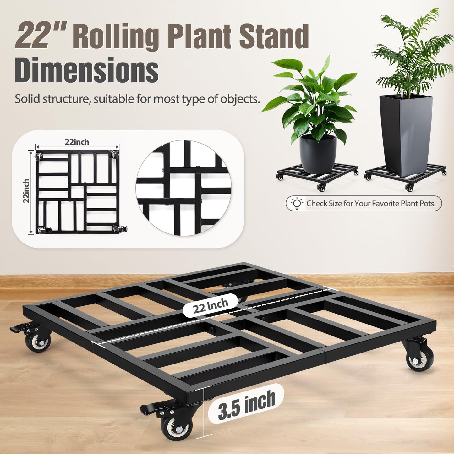 AugFir 22" Plant Caddy with Wheels Heavy Duty, 600lbs Rolling Metal Plant Stand, Square Plant Dolly with Lockable Caster Wheels for Large Planter Pots, Heavy Objects, Ideal for Indoor and Outdoor Use