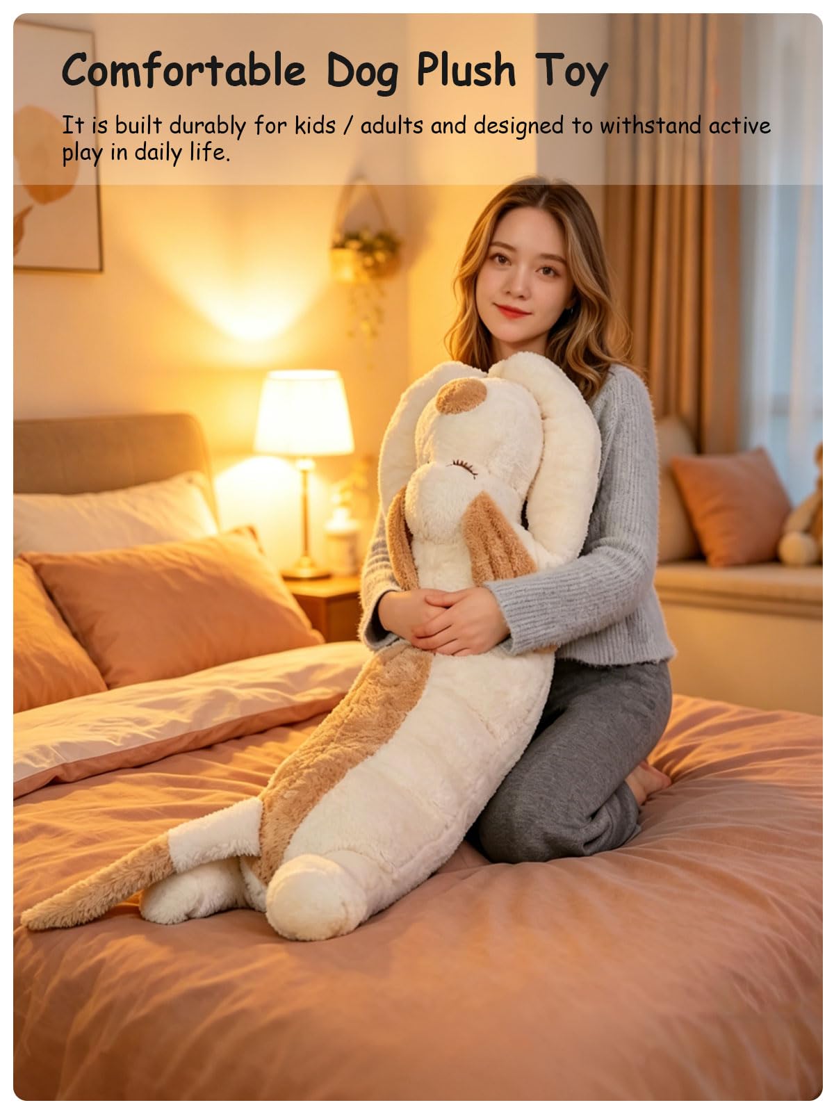 FIAEUGZKM Large Dog Plush Body Pillow, 45" Long Fluffy Dog Stuffed Animal for Girls, Soft Cuddly Stuffy Birthday Gift Home Decor Plushy Toy for Kids Teens Adults Girlfriends, White