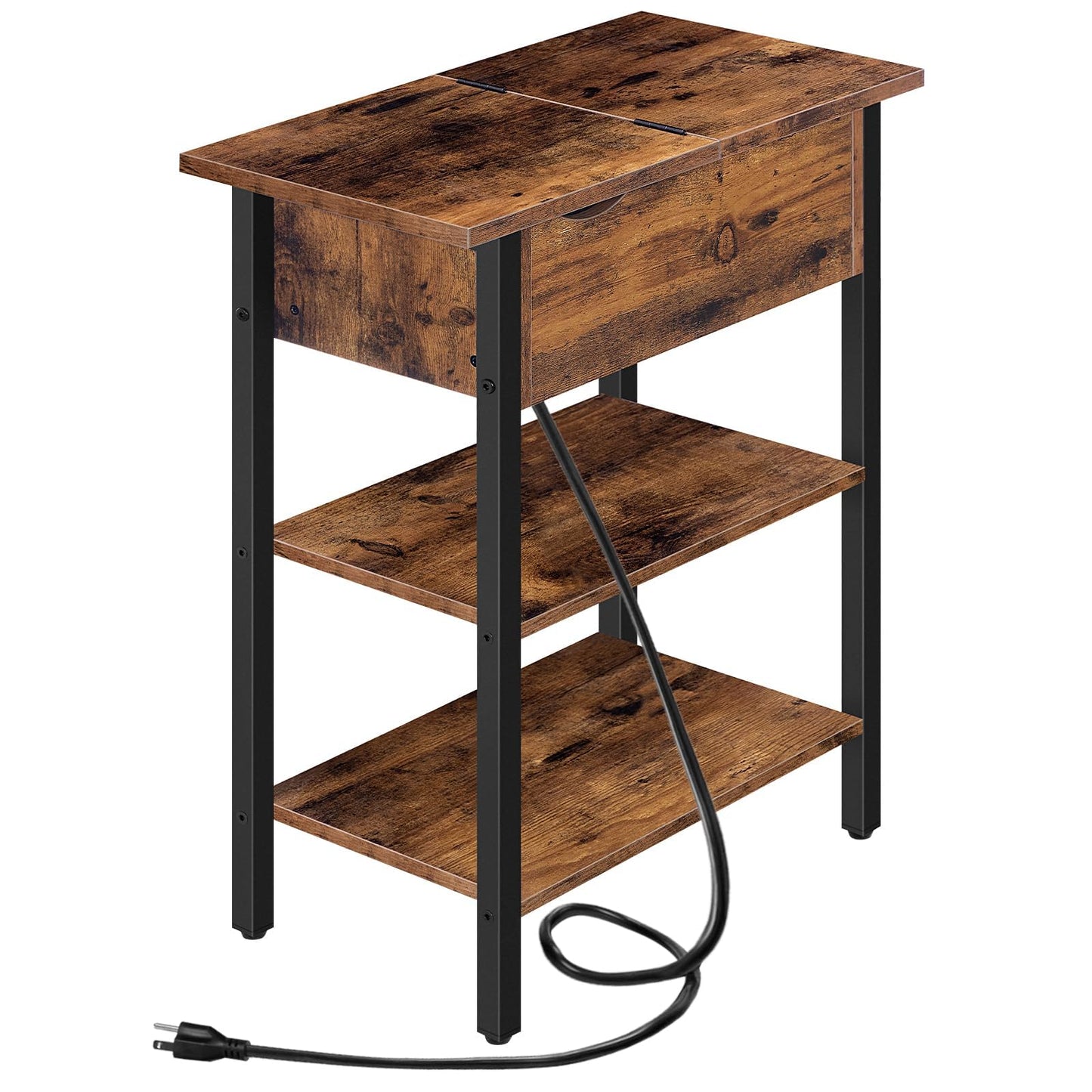 HOOBRO End Table with Charging Station, Narrow Side Table, Flip Top Nightstand with USB Ports and Outlets, Bedside Tables with Shelf for Small Spaces, Living Room, Rustic Brown BF341BZ01