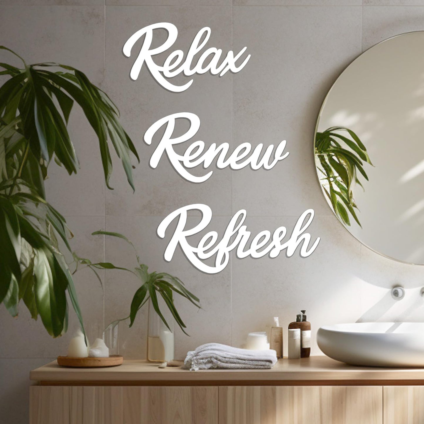 KOYILTD 3 Pieces Bathroom Decor Wooden Bathroom Sign,Relax Renew Refresh Sign (White)