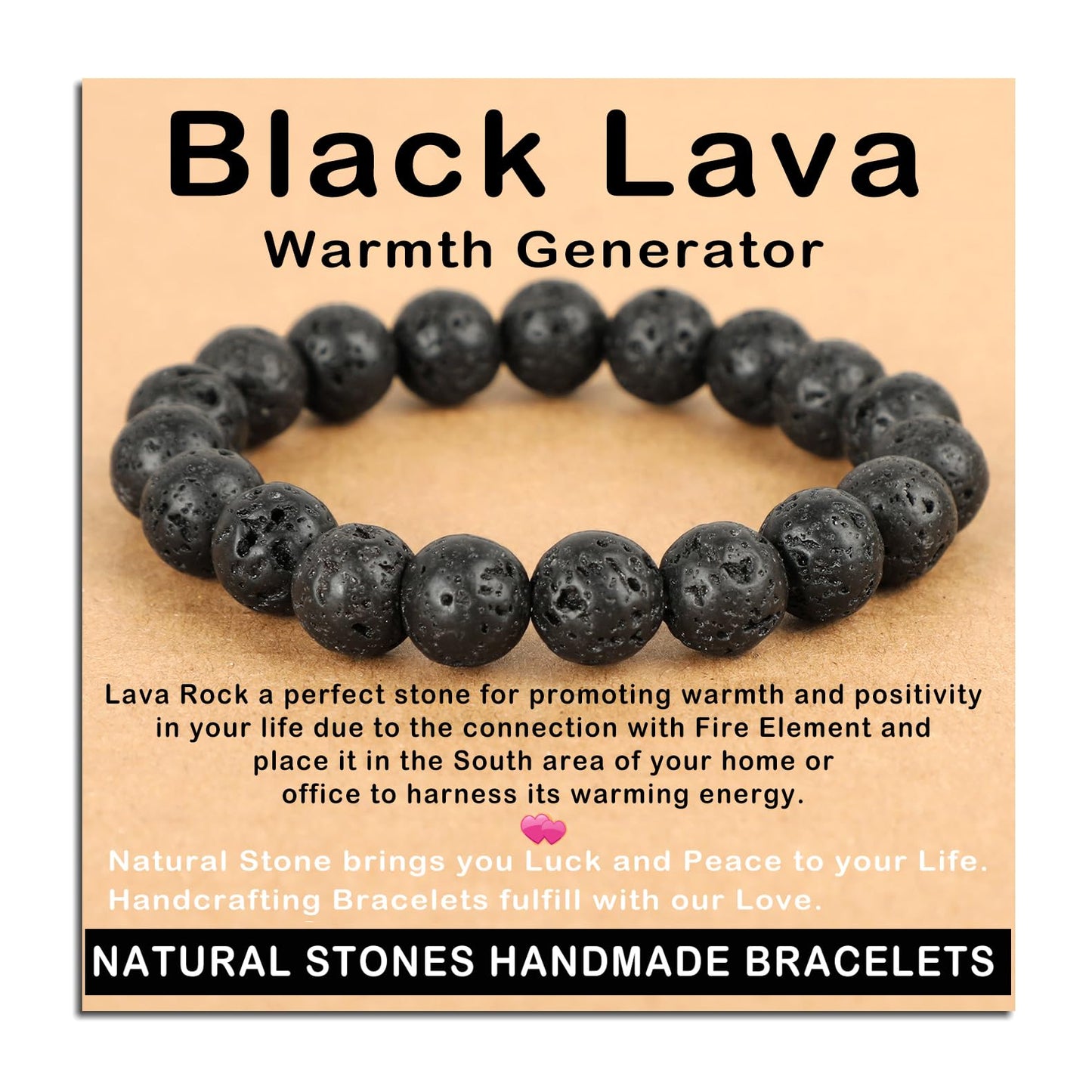 AD Beads Handmade Gemstone Stretch Elastic Bracelet Crystal Healing Reiki Nature's Beauty and Spiritual Essence Unisex (10mm, Black Lava (Warmth Generator))