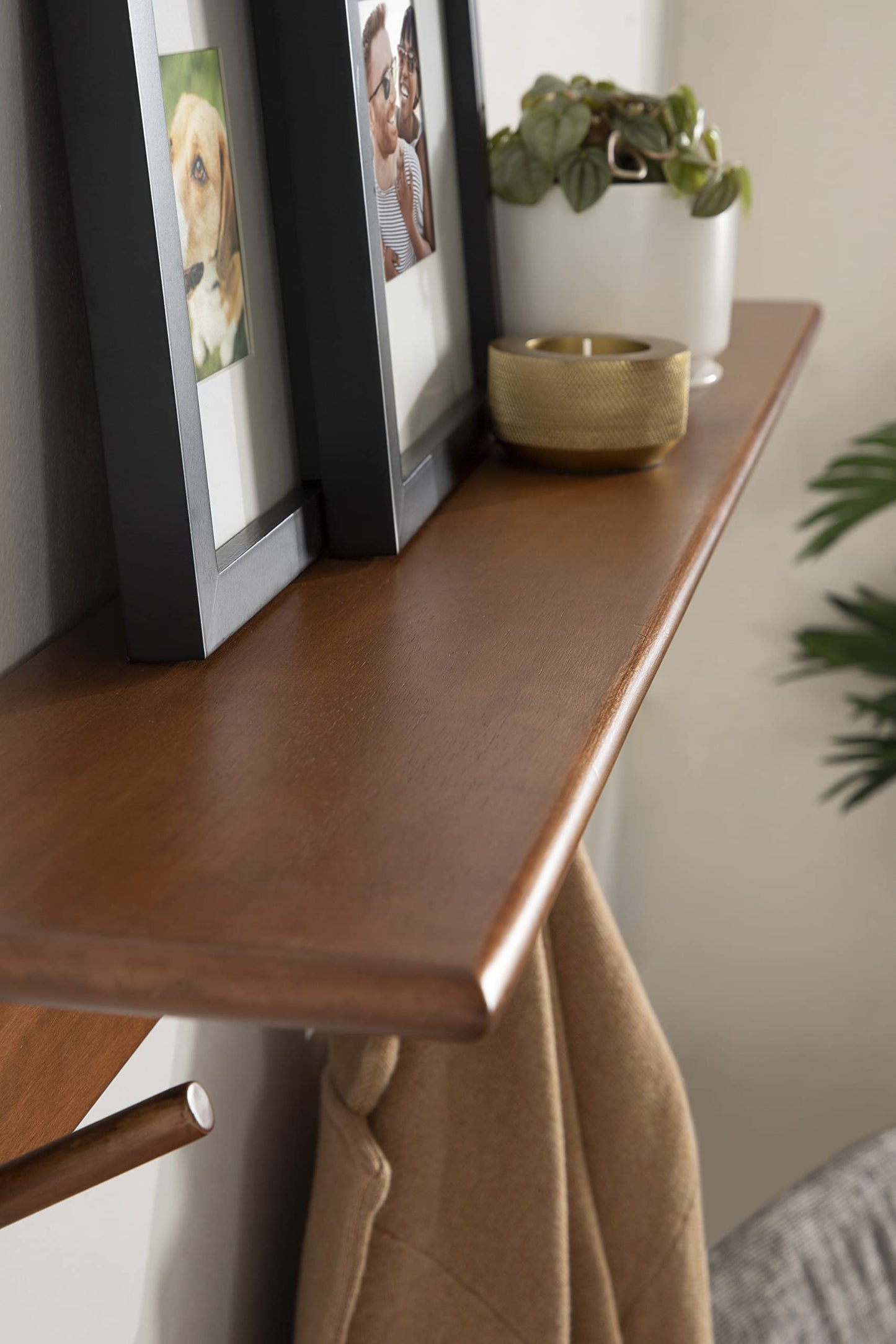 Kate and Laurel Alta Modern Wall Shelf with Hooks; 36 x 5 x 5; Walnut Brown; Decorative Entryway Shelf with 5 Hanging Hooks