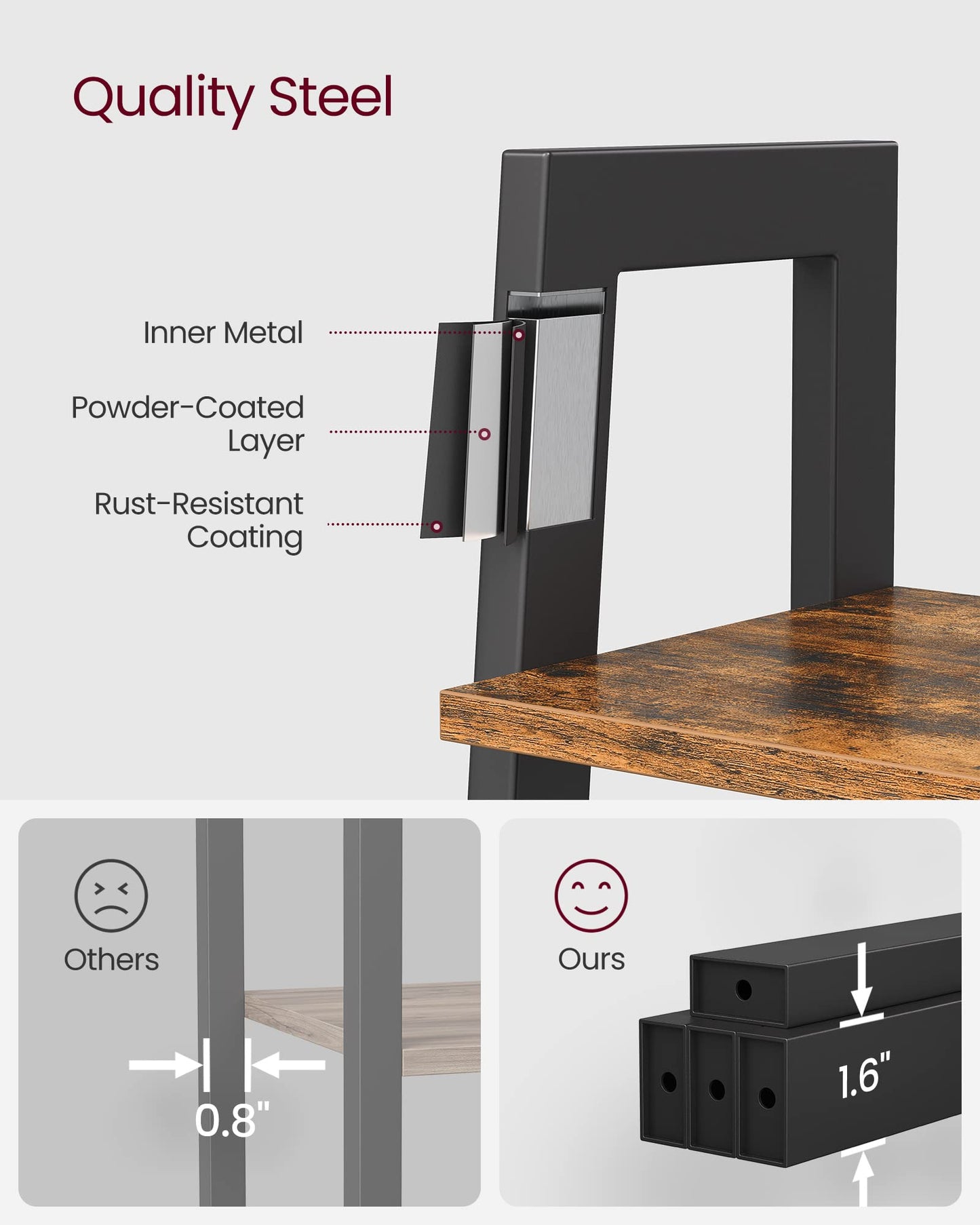 VASAGLE Ladder Shelf, 4-Tier Bookshelf, Storage Rack, Bookcase with Steel Frame, for Living Room, Home Office, Kitchen, Bedroom, Industrial Style, Rustic Brown and Ink Black ULLS44X