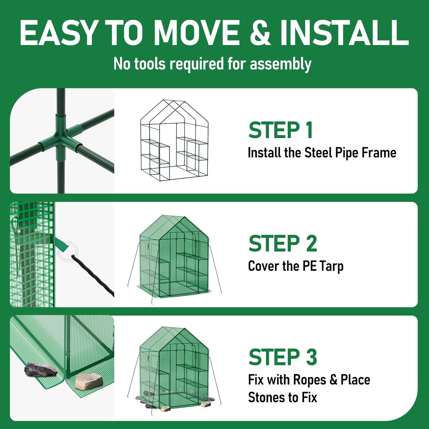 Fatazoii 56×56×78Inch Walk-in Greenhouse for Outdoors with Screen Windows, Heavy Duty Small Plant House with Thicken PE Cover and Steel Shelves, Portable Green House for Outside Garden Winter, Green