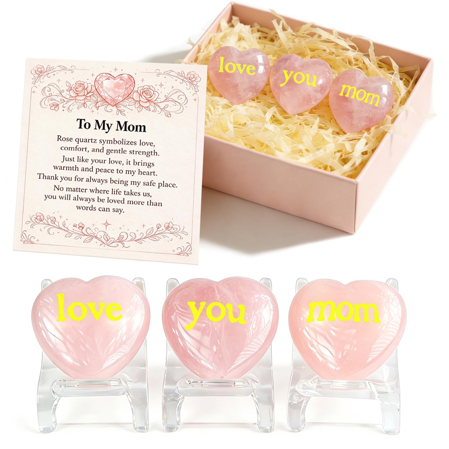 Rose Quartz Heart Gift for Mom, Love You Mom Crystal Keepsake with Acrylic Stand, Mom Birthday Gift from Daughter Son, Mothers Day Desk Decor, Thank You Mom Gift with Card and Box (Gold)