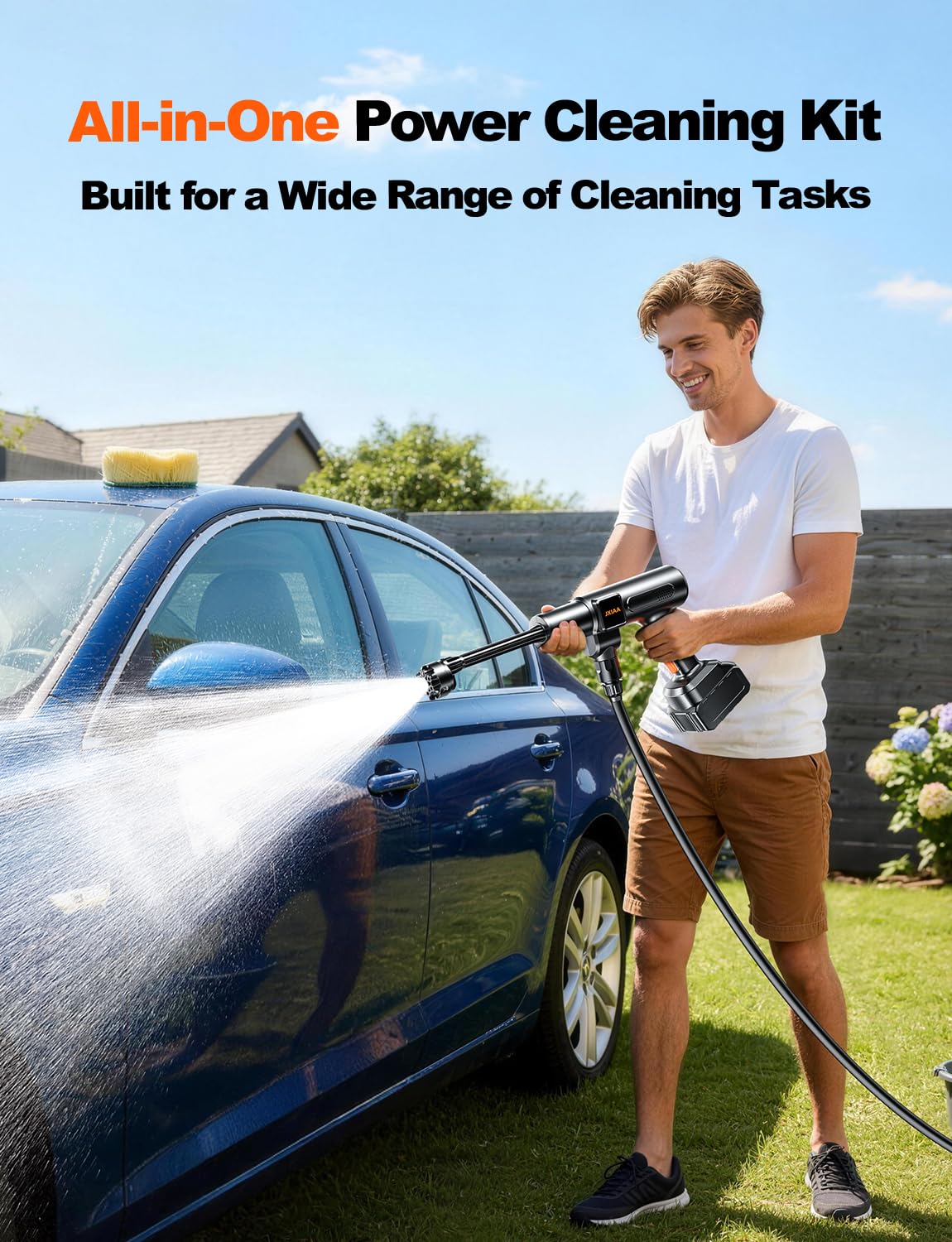JXIAA PSI 3.0 GPM Battery with Multi-Level Adjustment, 6-in-1 Nozzle & Foam Cannon, 32ft Hose for Car & Home