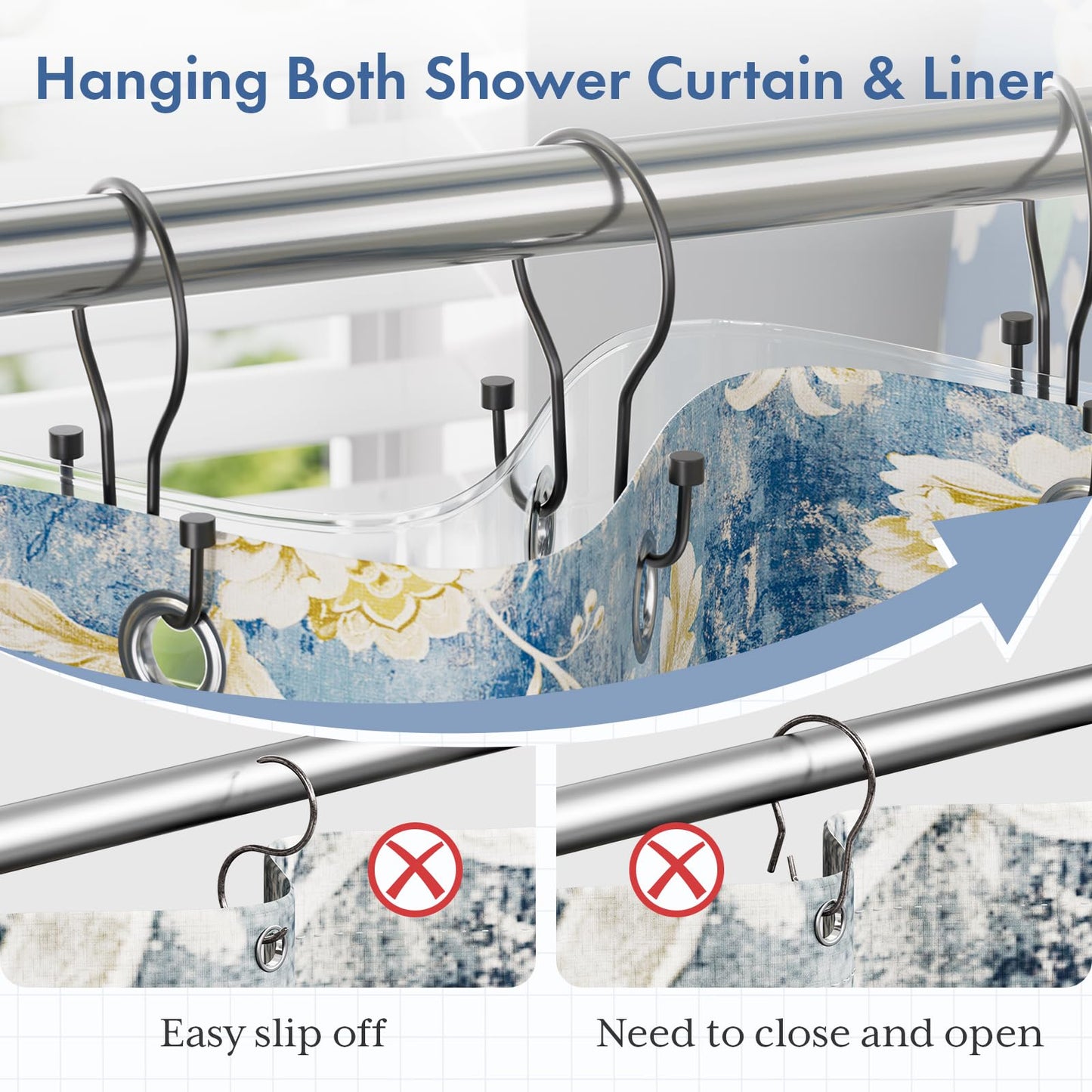 Bathway Shower Curtain Hooks Black Shower Curtain Rings, Simple Double Hook Shower Curtain Hooks Rust Proof, Smooth Sturdy Metal Shower Hooks for Shower Curtain Rod, 12Pcs Shower Rod Hooks