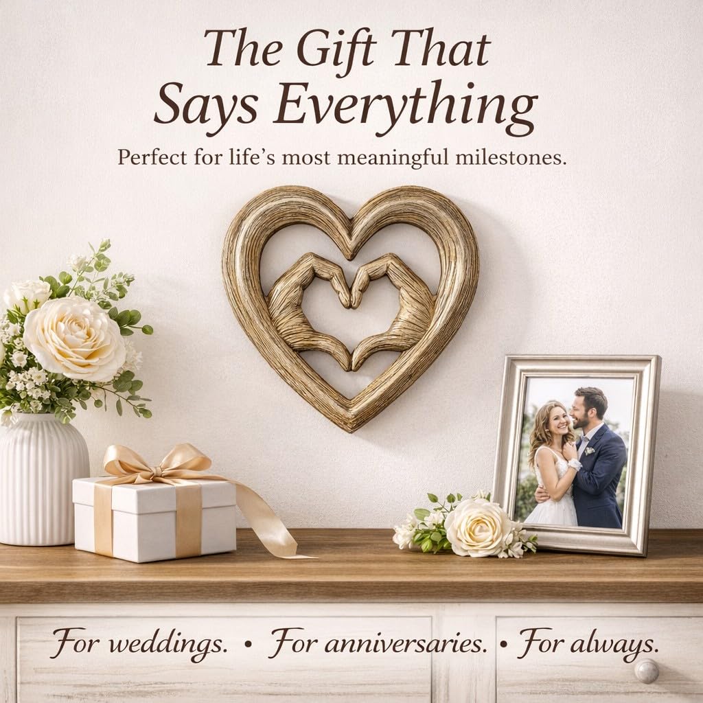 Top Brass Heart Hands Wall Decor – Romantic Resin Heart Sculpture, 8 1/8" x 8 1/8” – Symbolic Love Wall Art with Sawtooth Hanger – Wood Grain, Matte Black, Rustic Bronze, Antique Silver Finish (Wood Grain)
