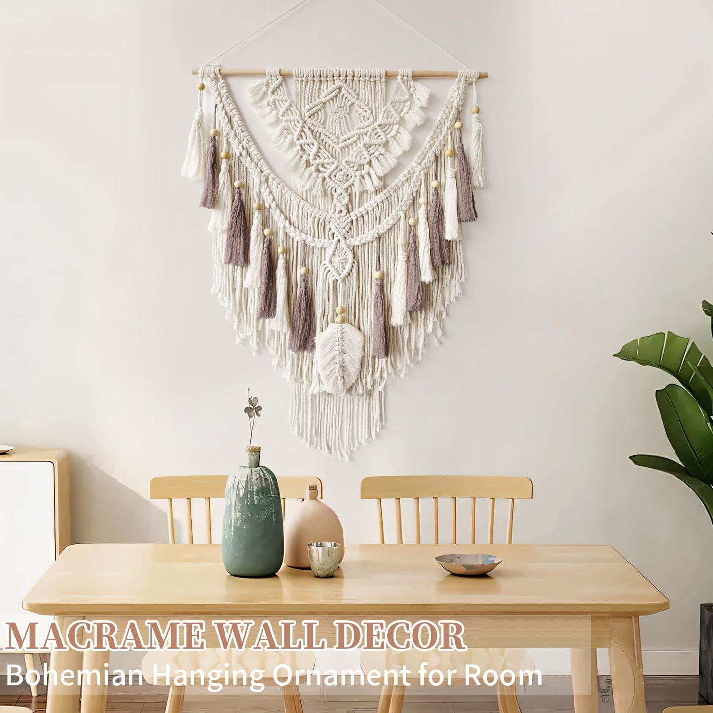 Lokeisna Macrame Wall Hanging, Woven Tapestry Beige & Dusty Rose Handmade Craft Macrame Wall Decor, Gallery & Nursery, Size 37.4” Lx27.5” W