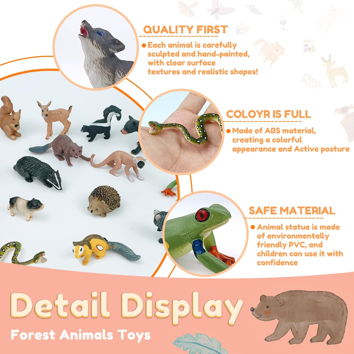 SCAHOW 18Pcs Forest Animals Figures - Plastic Woodland Creature Toy Figurines for Kids Boys Girls 3-5 6-12, Small Jungle Animal Baby Figurines for Cake/Cupcake Topper Birthday Gift