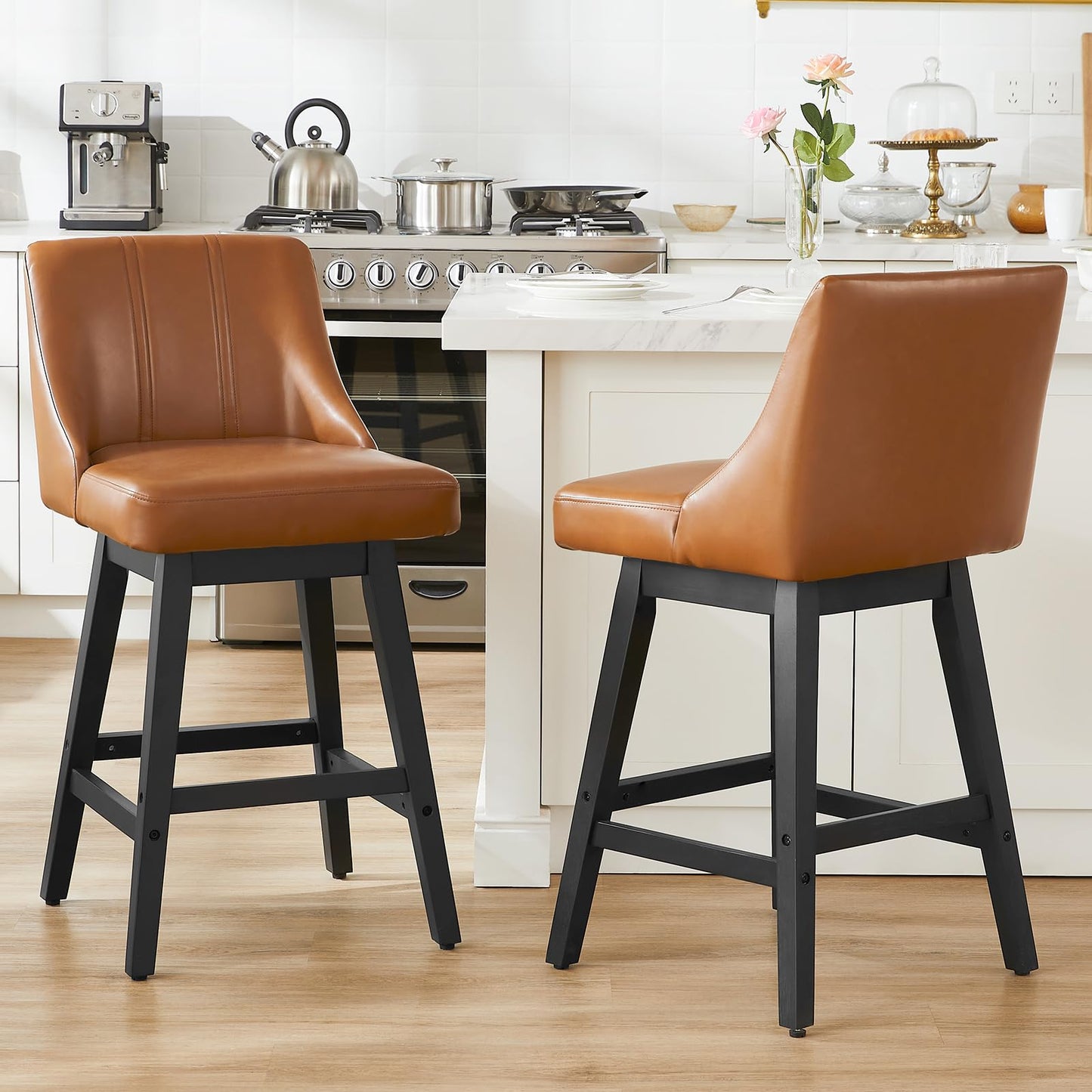 kinmars 27'' Counter Height Bar Stools Set of 4, Swivel Bar Stools with Backs, Modern Faux Leather Bar Stools for Kitchen Island, Solid Wood Legs, Adjustable Feet (PU - Brown, Set of 4-27" H)