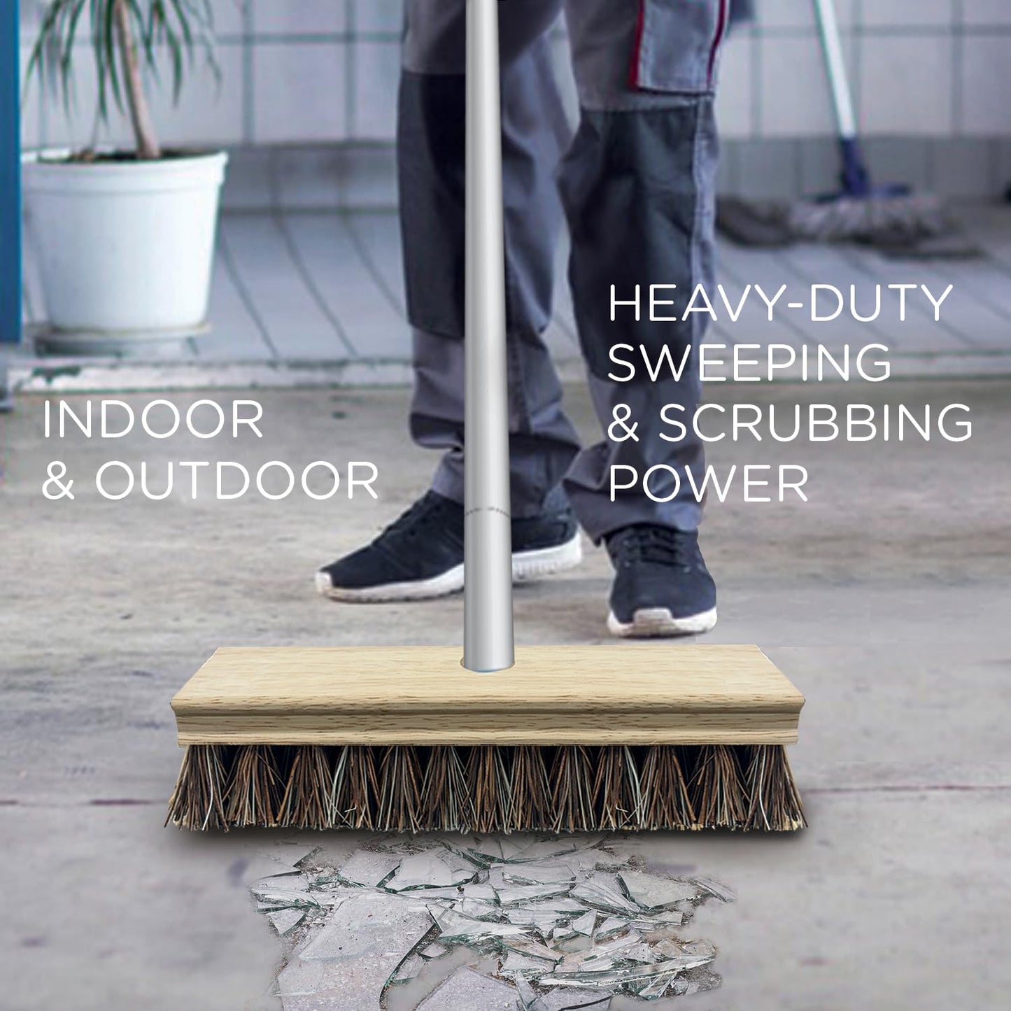 LOLA Deck Scrub Brush, 9" x 3.5" Head w/Palmyra & PVC Bristles for Outdoor Cleaning, Removes Dirt & Grime from Patios, Decks, Grout, 1 CT