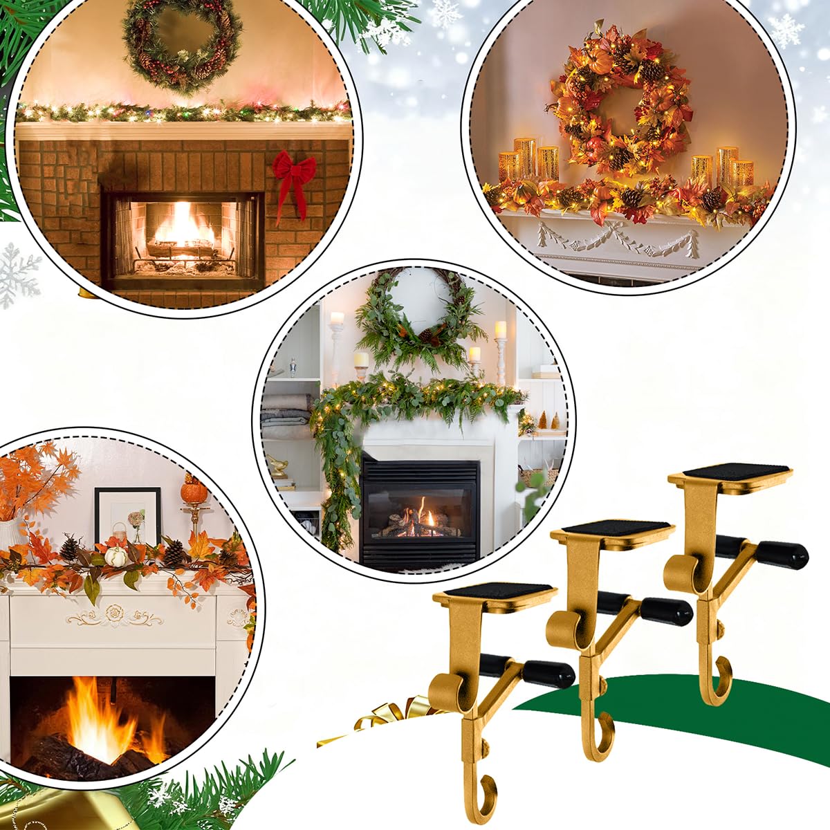 ATRGDUE Fireplace Stocking and Garland Hanger with Two Hooks,Adjustable Mantle Holder- Hold Christmas Decoration and Hang Garland-No Drill,Durable Wrought Iron Holds Up to 20 lbs(3Pcs,Gold)