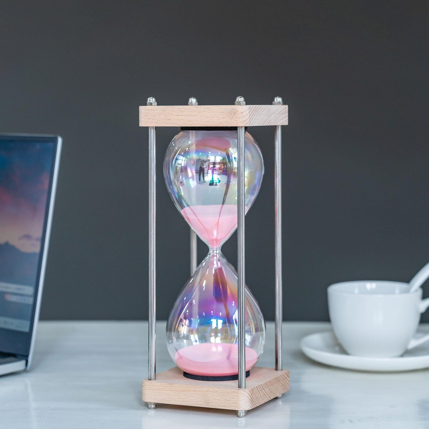 Large 60-Minute Hourglass Sand Timer,Pastel Macaron Glass & Natural Oak Wood Base, Modern Minimalist Office Home Desktop Decor (Macaron Pink)